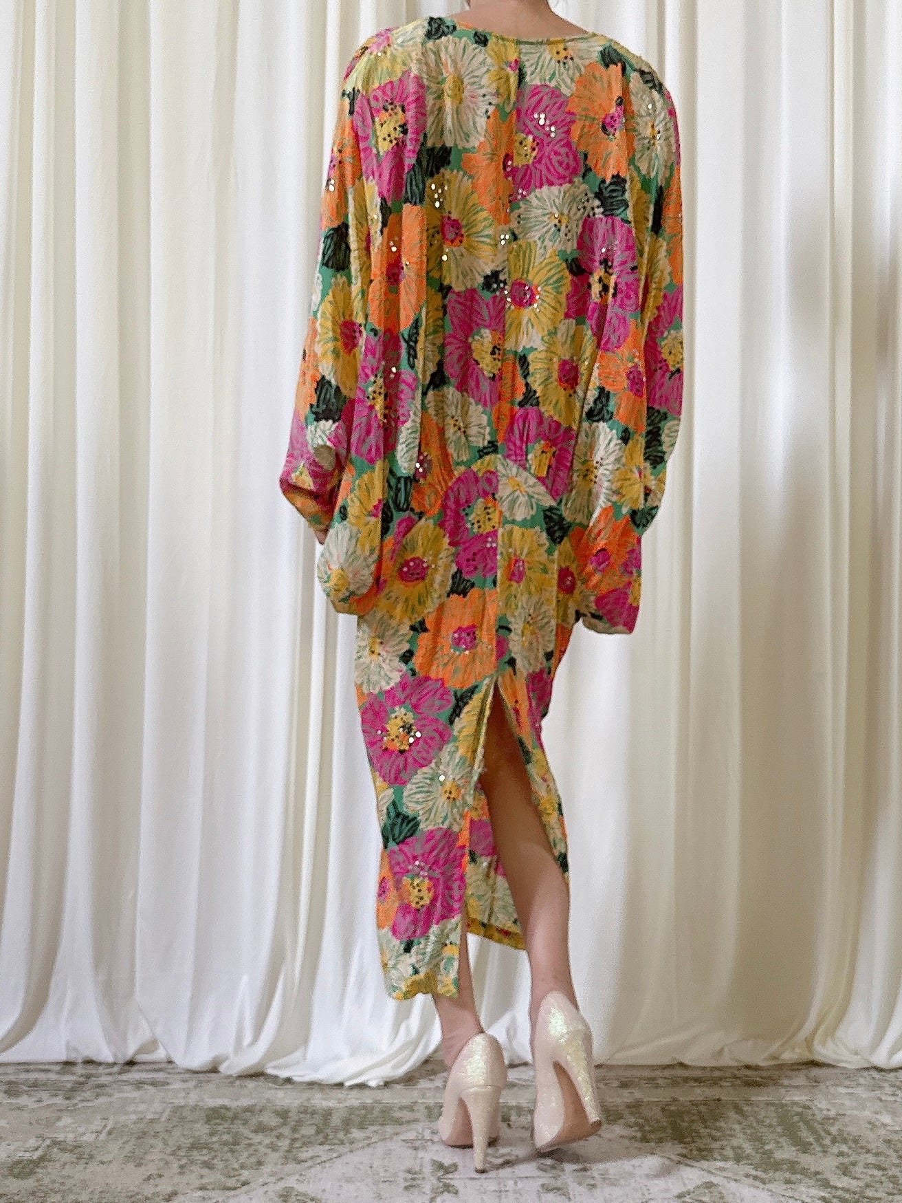 1980s Silk Floral Dress - M