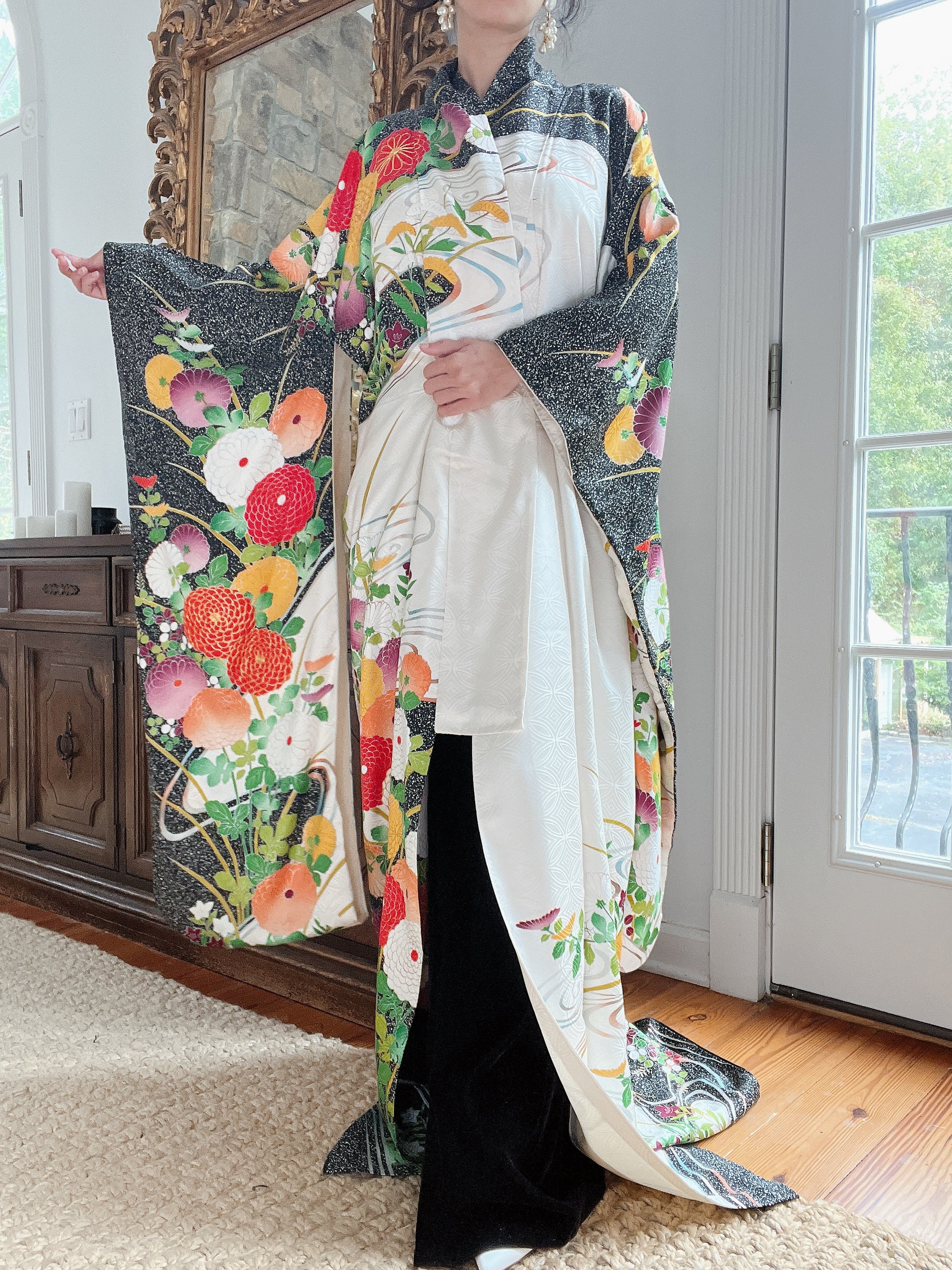 Vintage Silk Black and Green Floral Kimono - OSFA