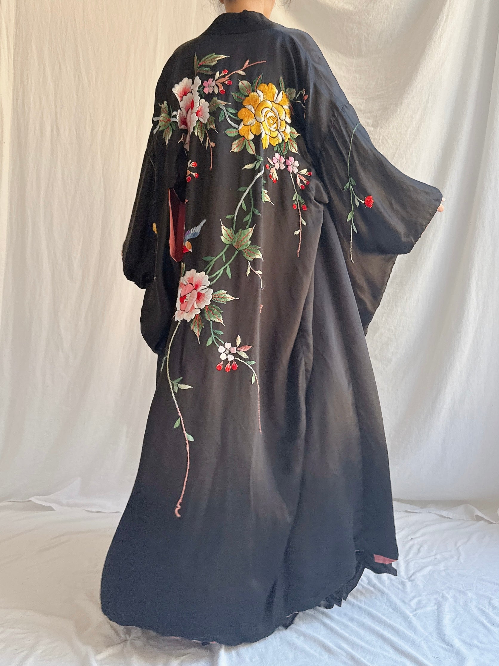 Antique Embroidered Satin Kimono - OSFM