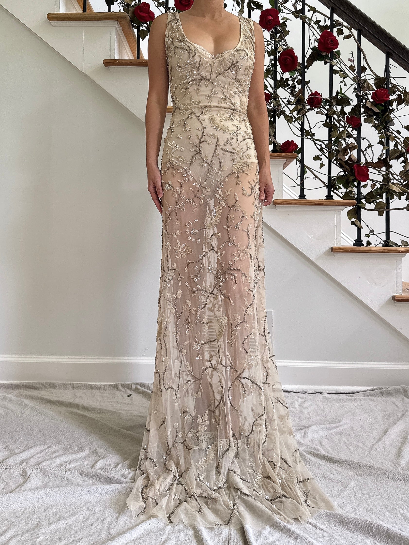 Vintage Nude Sheer Beaded Dress - L