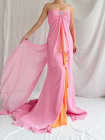 Vintage Pink/Sherbet Chiffon Gown - M