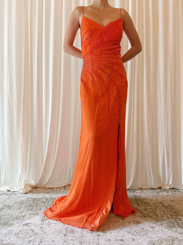 Vintage Orange Halter Beaded Dress - M