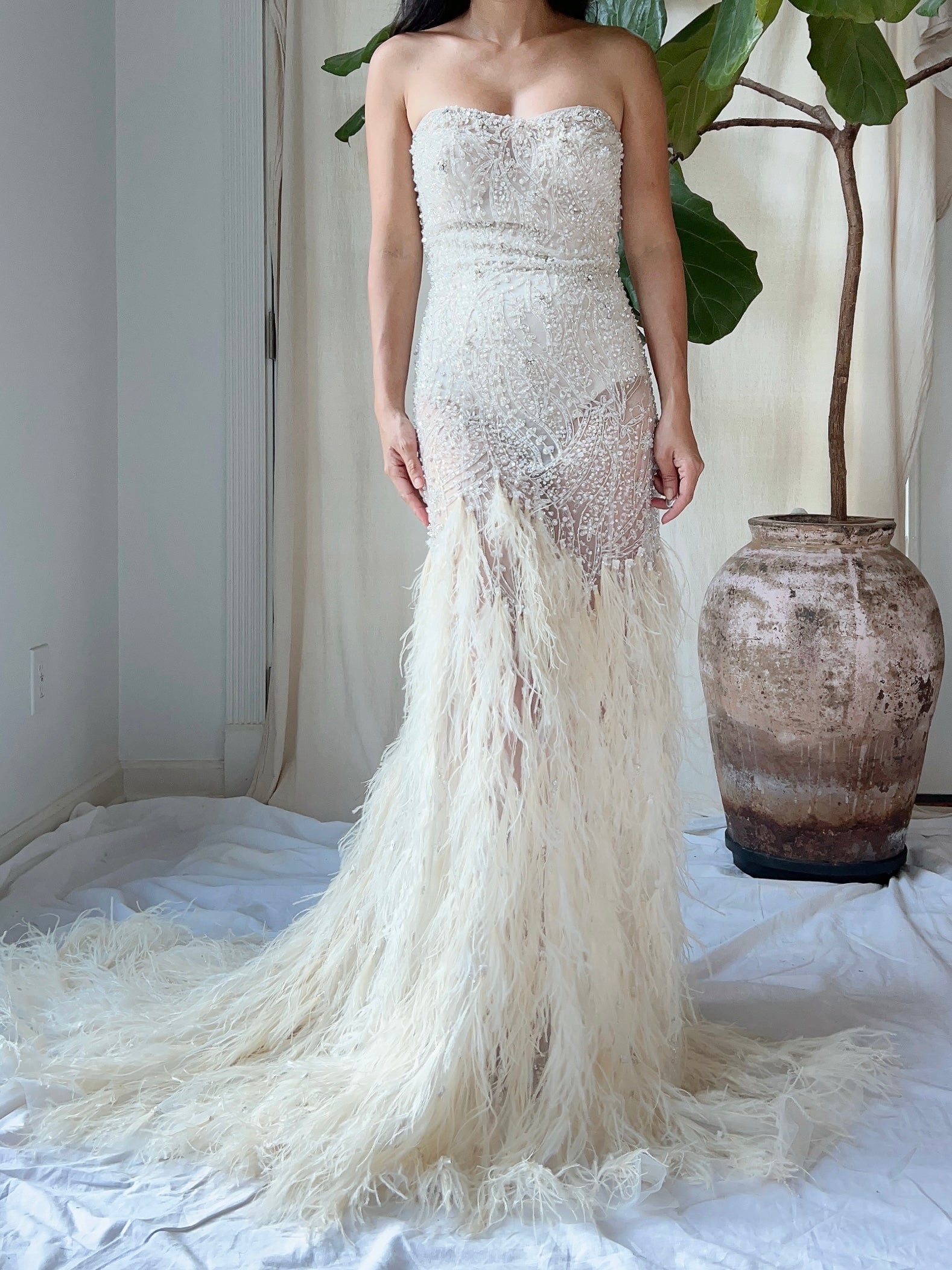 Vintage Beaded Feather Gown - M