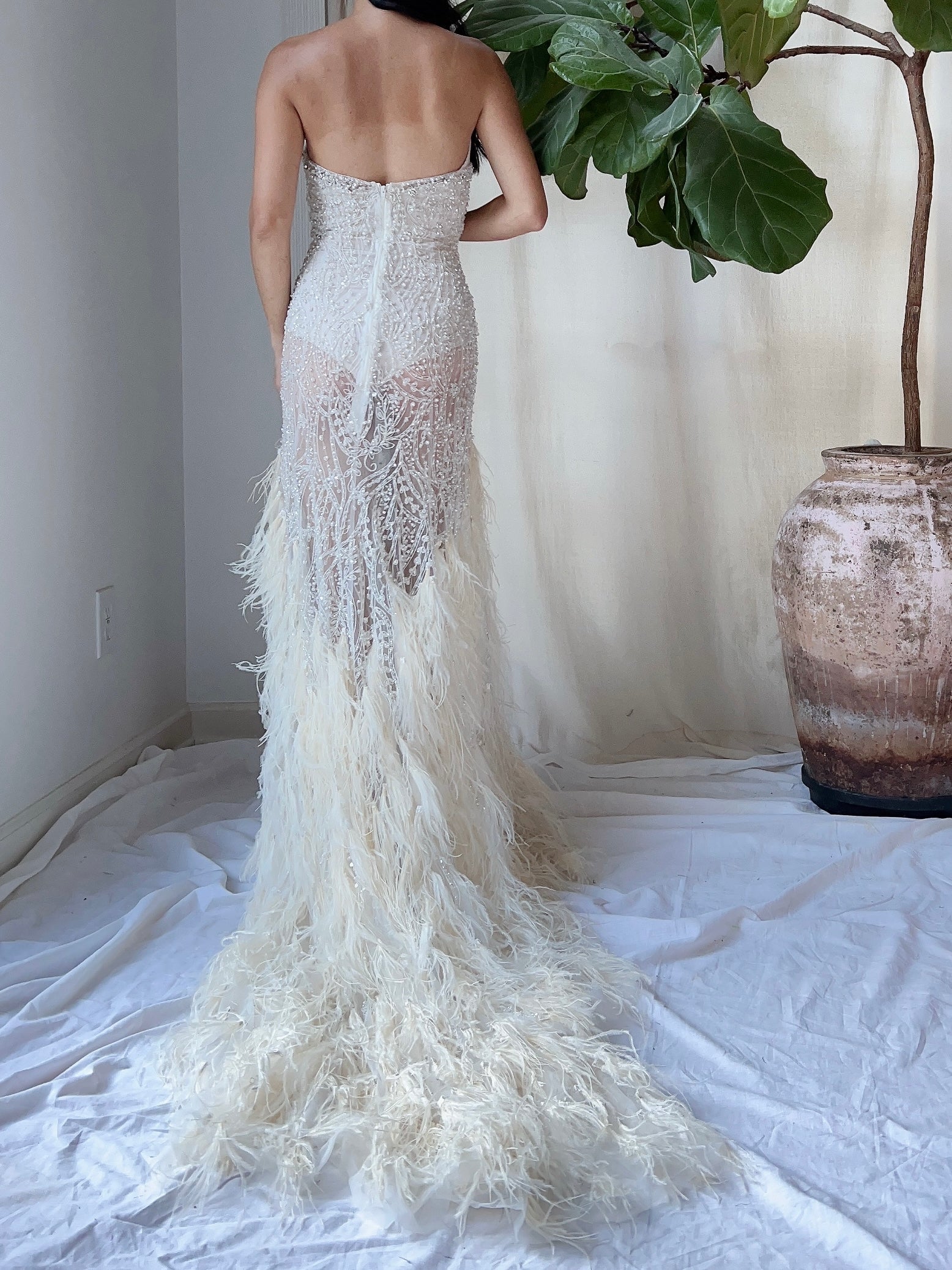Vintage Beaded Feather Gown - M
