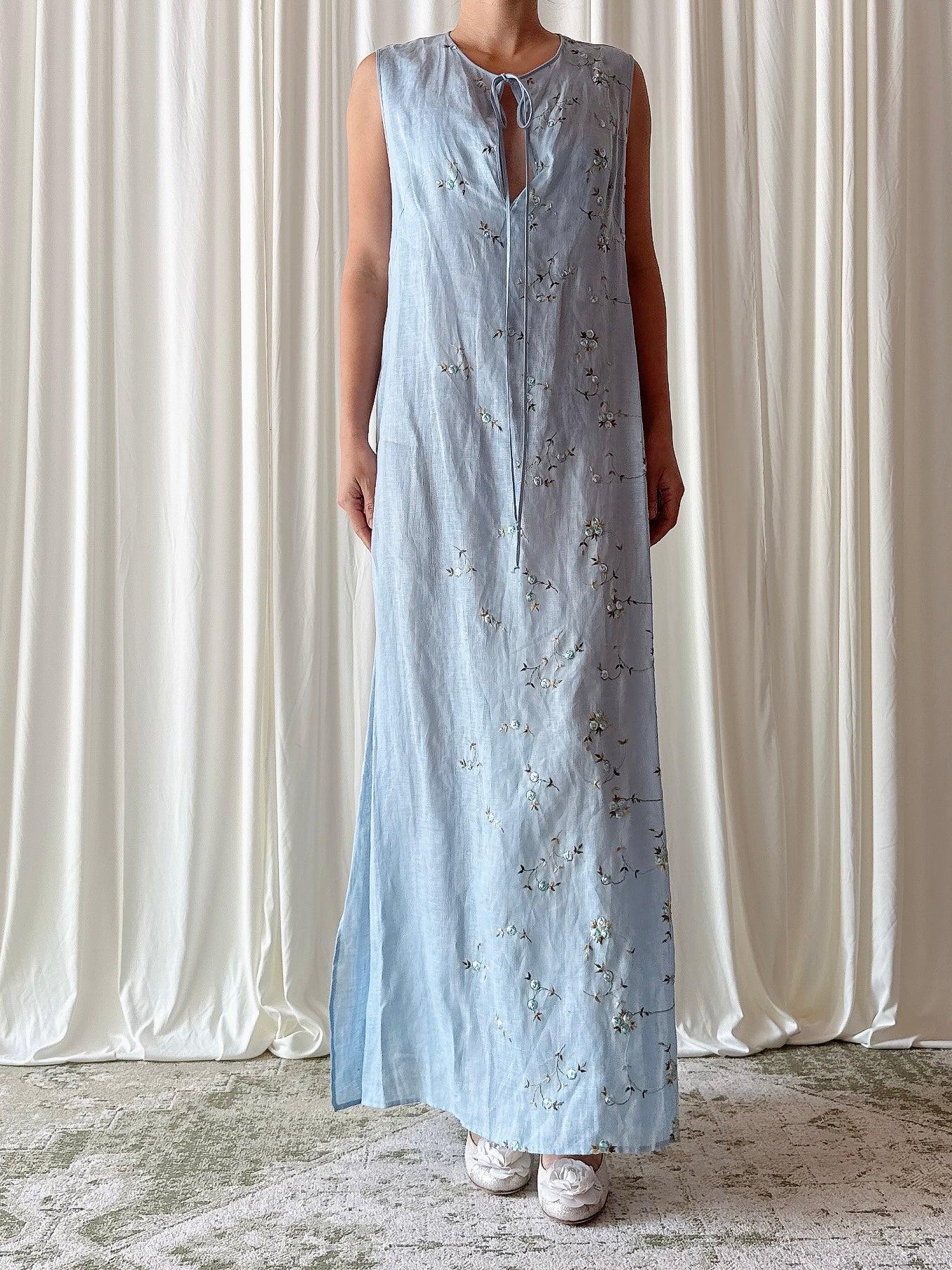 Vintage Blue Linen Embroidered Dress - FR 44