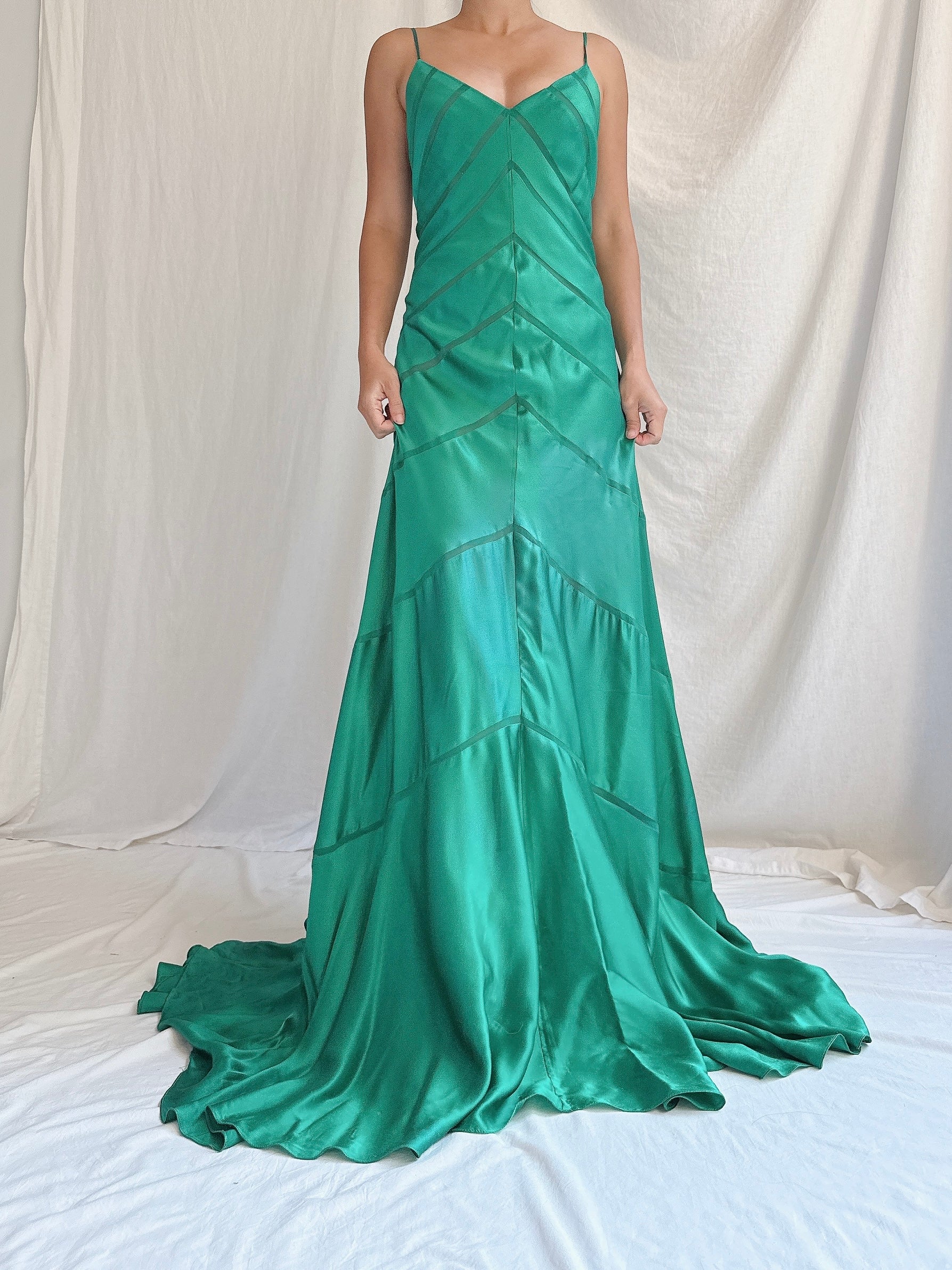 Vintage Emerald Silk Bias Gown - S/M
