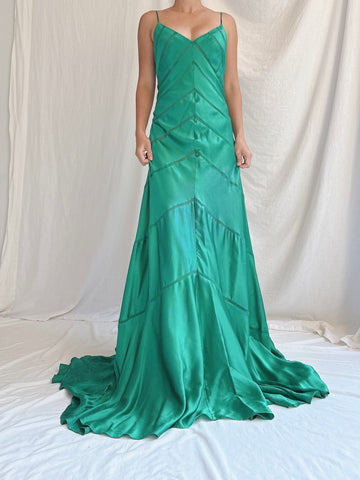 Vintage Emerald Silk Bias Gown - S/M