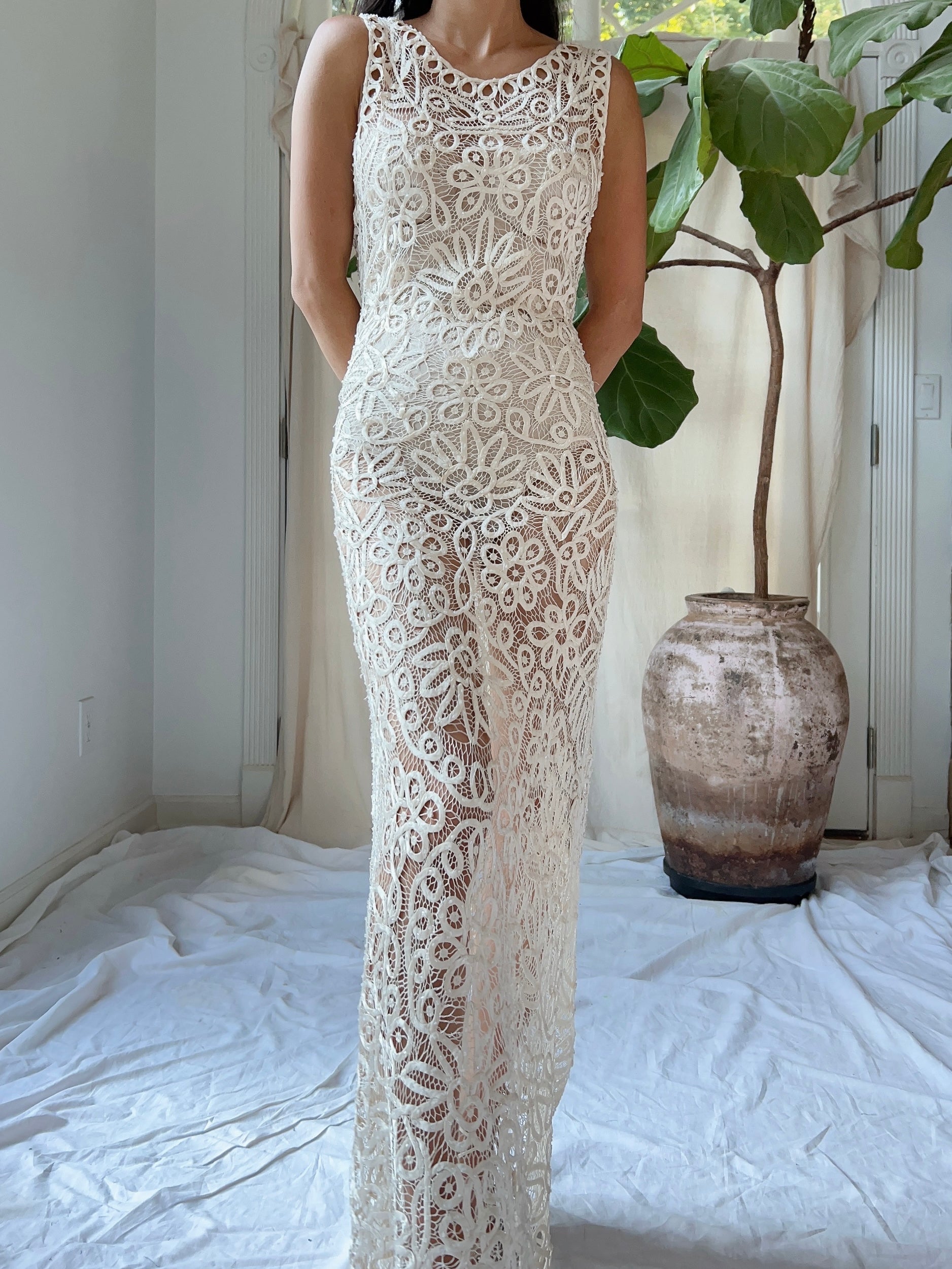 Vintage Ivory Silk Hand Beaded Dress - S/M | G O S S A M E R Vintage Ivory Silk Hand Beaded Dress - S/M | G O S S A M E R