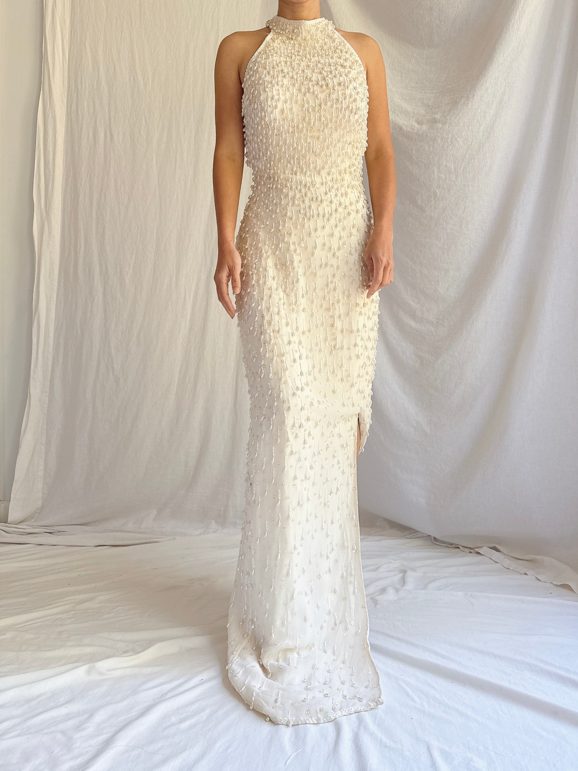 Vintage Halter Neck Silk Beaded Gown - M 8