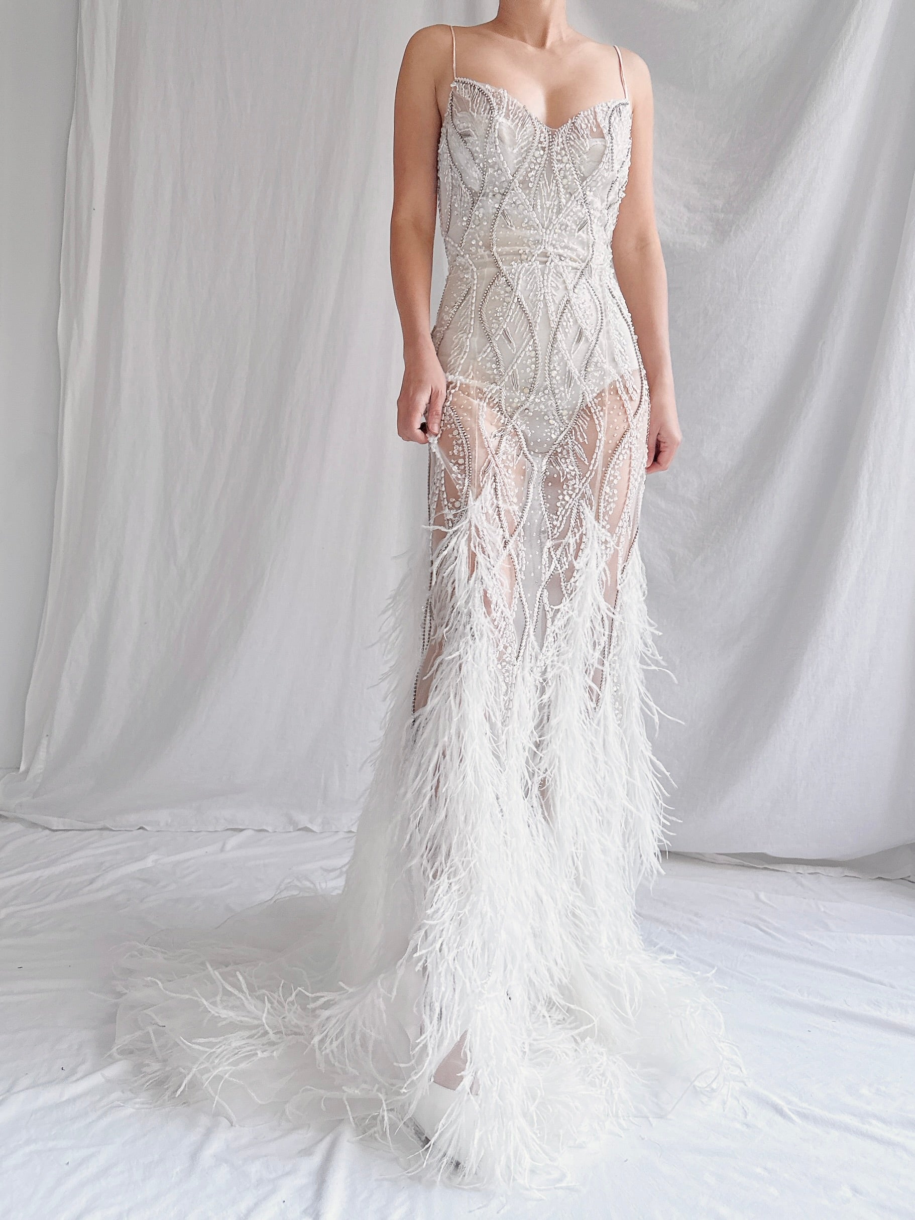 00 Stephen Yearrick Pearl Feather Gown - S-M