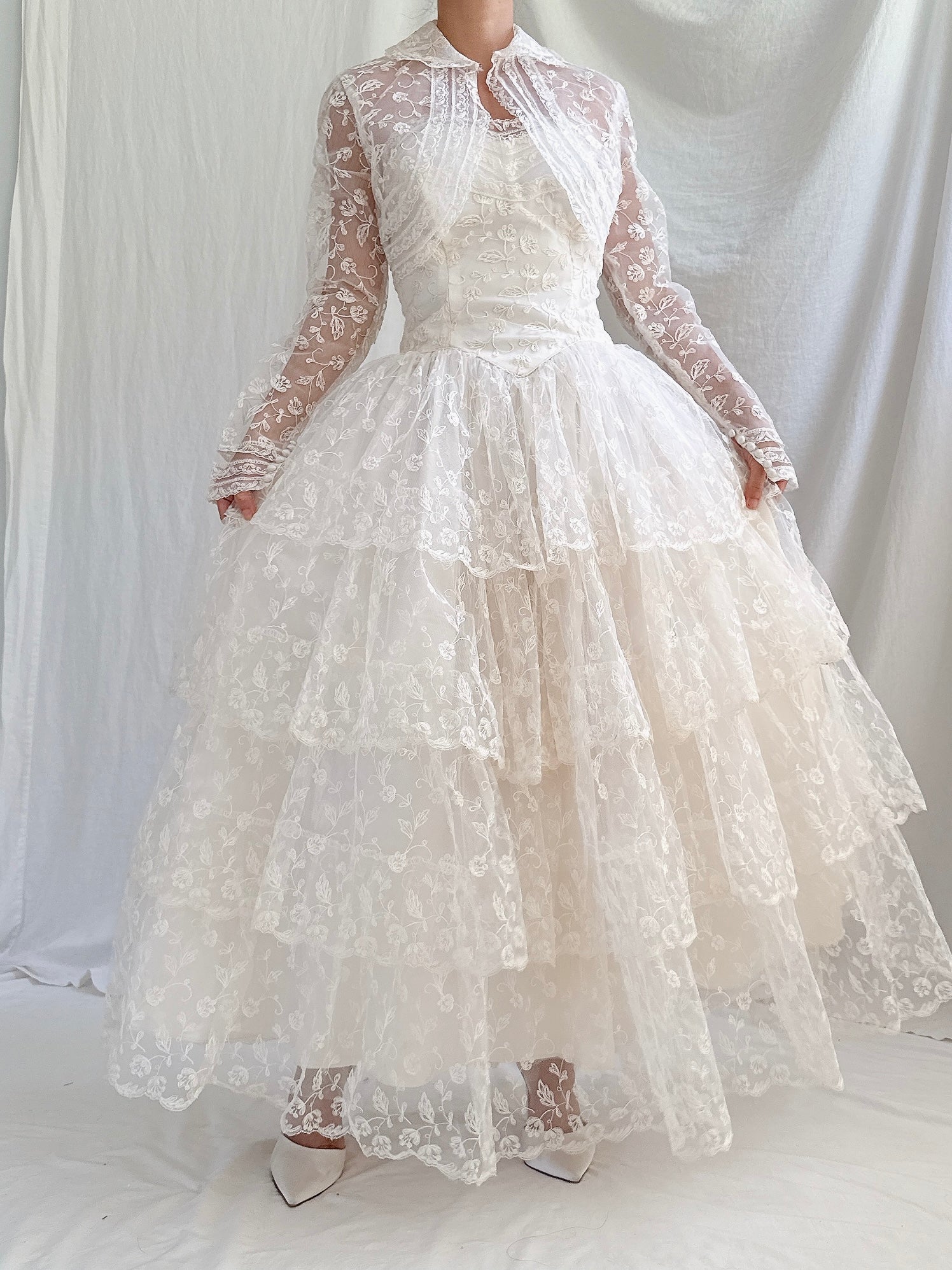 1950s Embroidered Tulle Dress -XS
