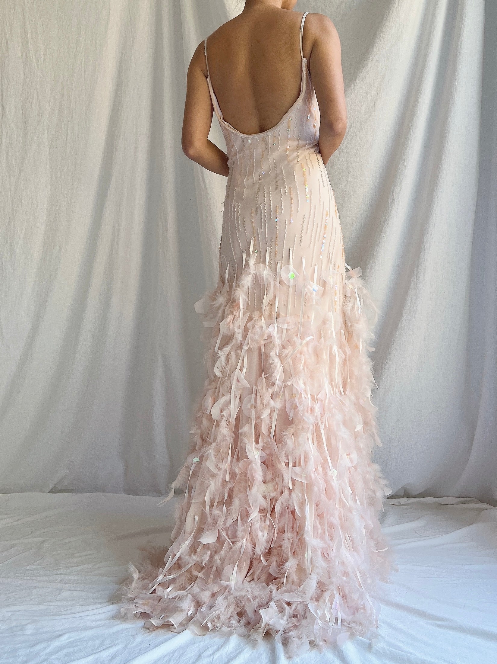 Vintage Blush Silk Feathered Gown - M