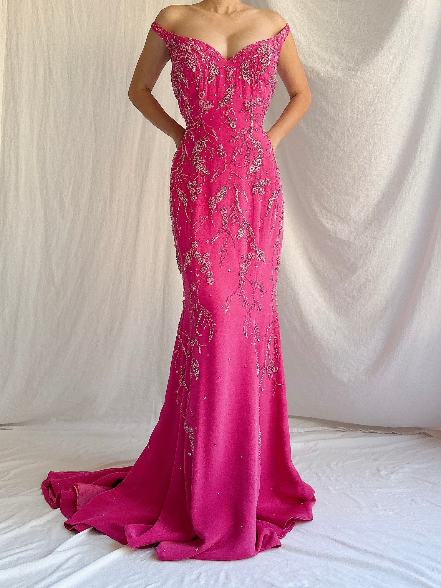 Vintage Hot Pink Silk Beaded Gown - M