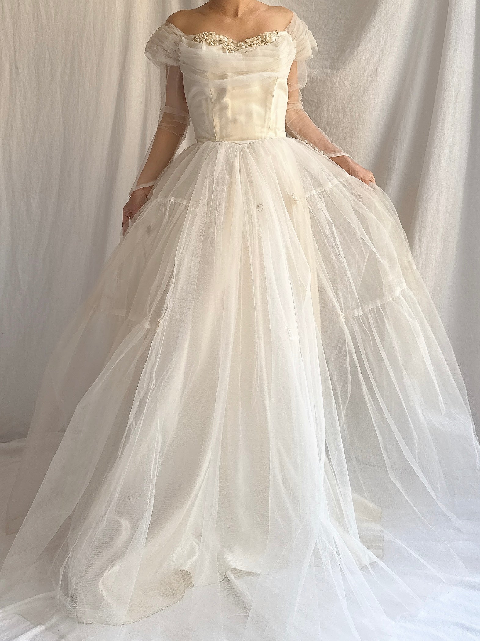 1950s Tulle Off-the-shoulder Gown - XS