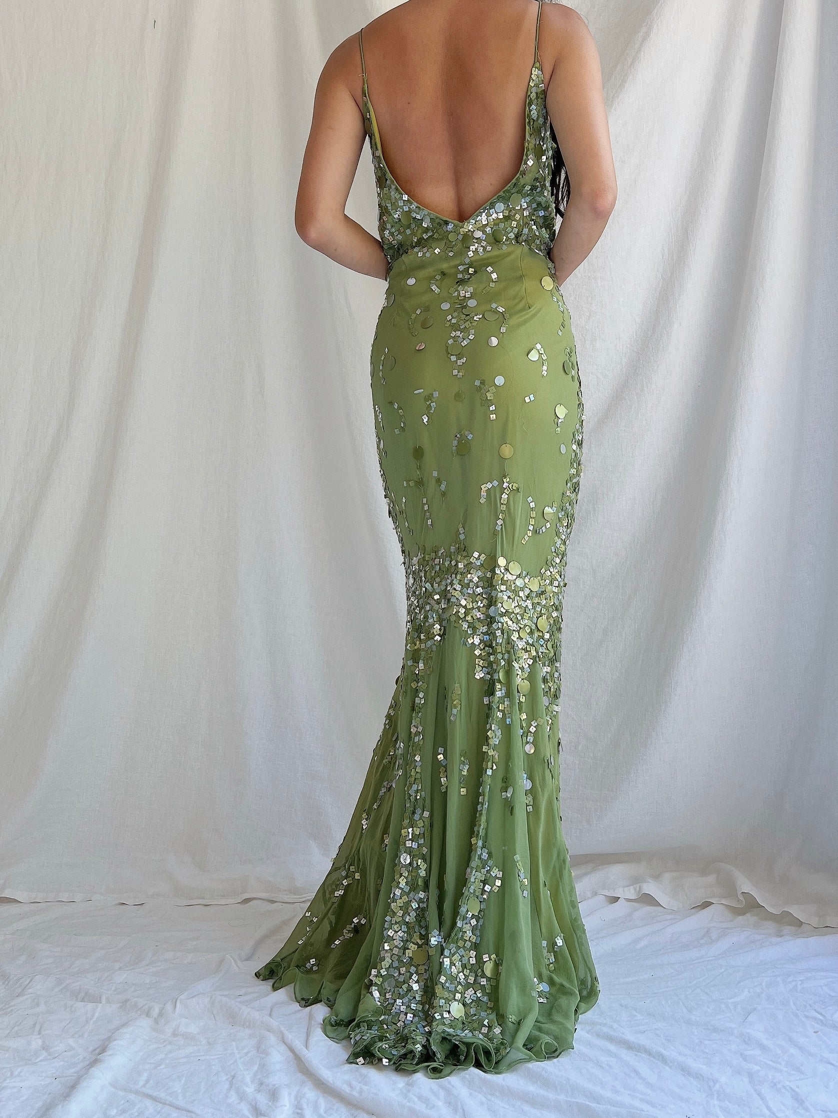 Vintage Green Bias Cut Silk Gown - S