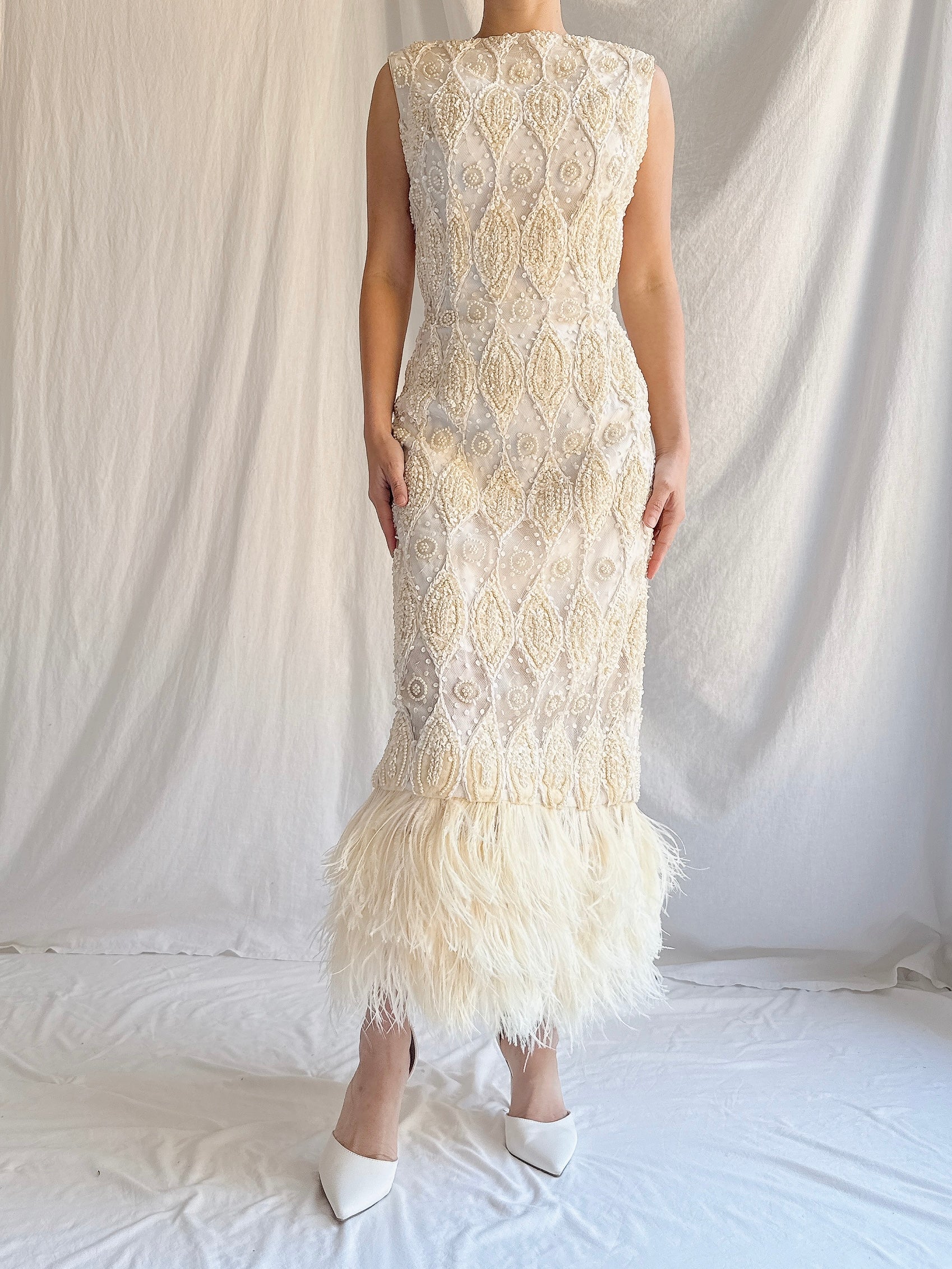 1960s Tulle Beaded Gown with Feather Embellishment - S 4-6