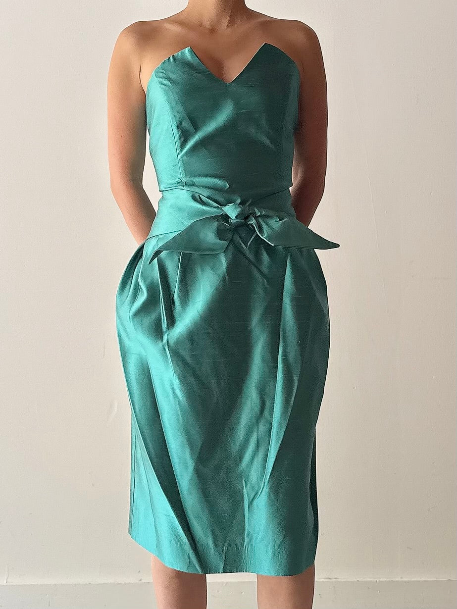Vintage Turquoise Teal Silk Strapless Dress - FR42