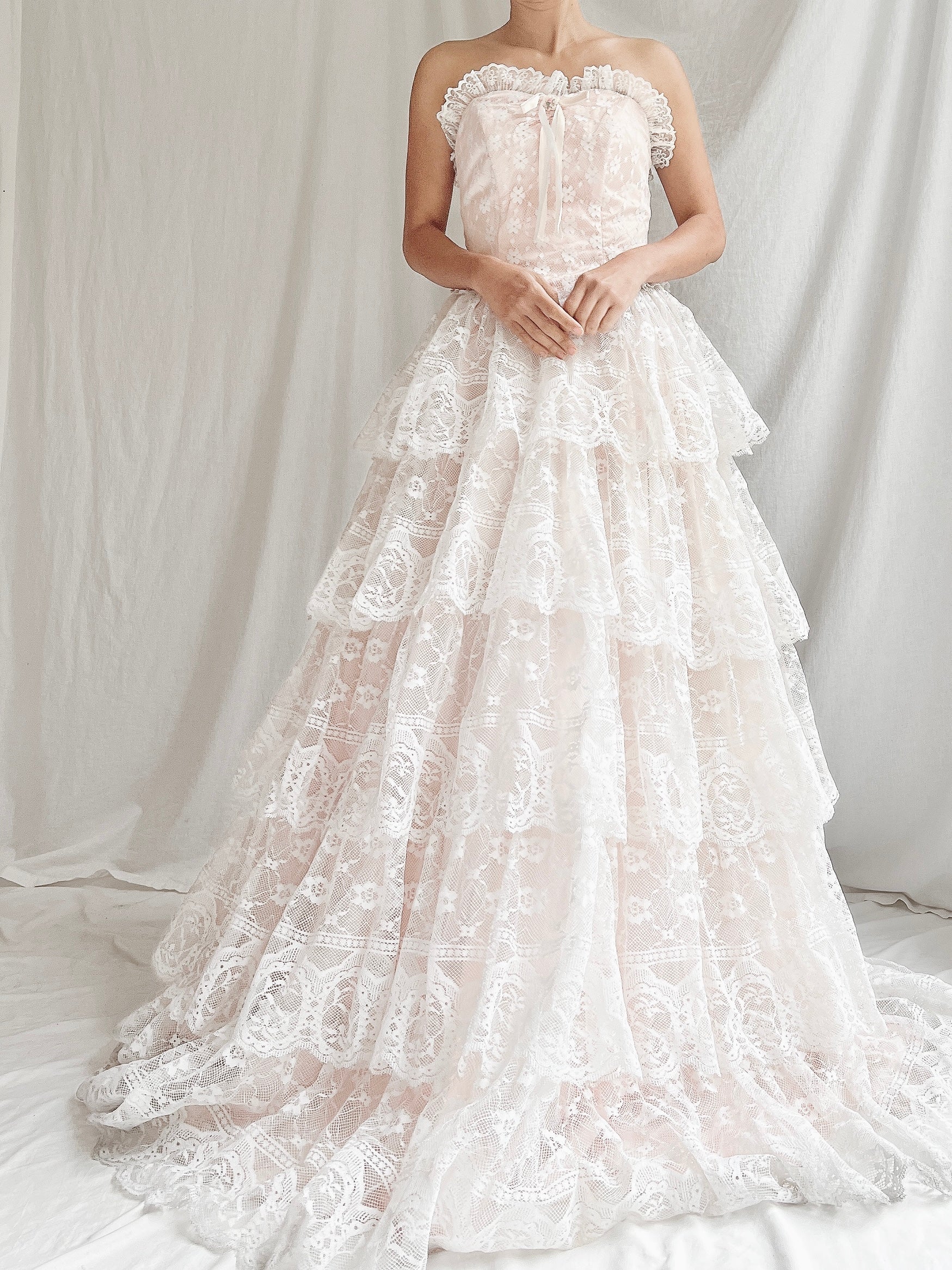 tiered lace wedding dress Vintage A Line With Square Neckline MakerryBridal Ideal for intimate venues Vintage Tiered Lace Dress -