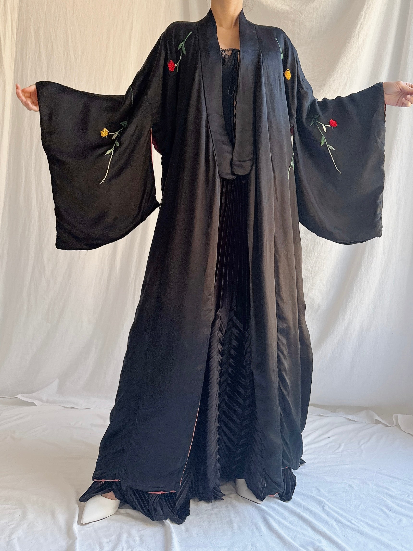 Antique Embroidered Satin Kimono - OSFM