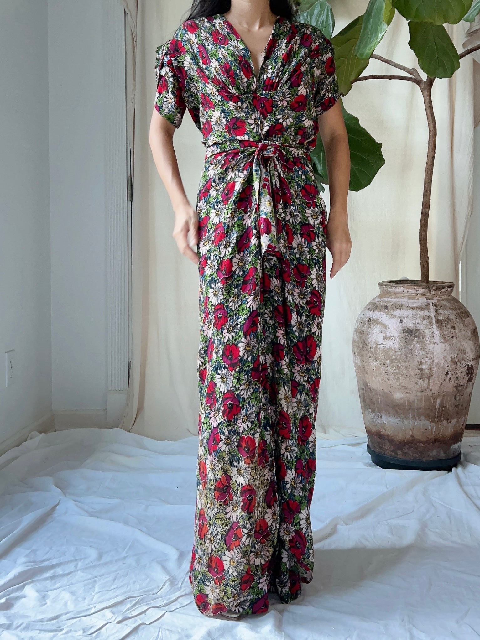 rayon dress 1930s Rayon Floral Dress - M
