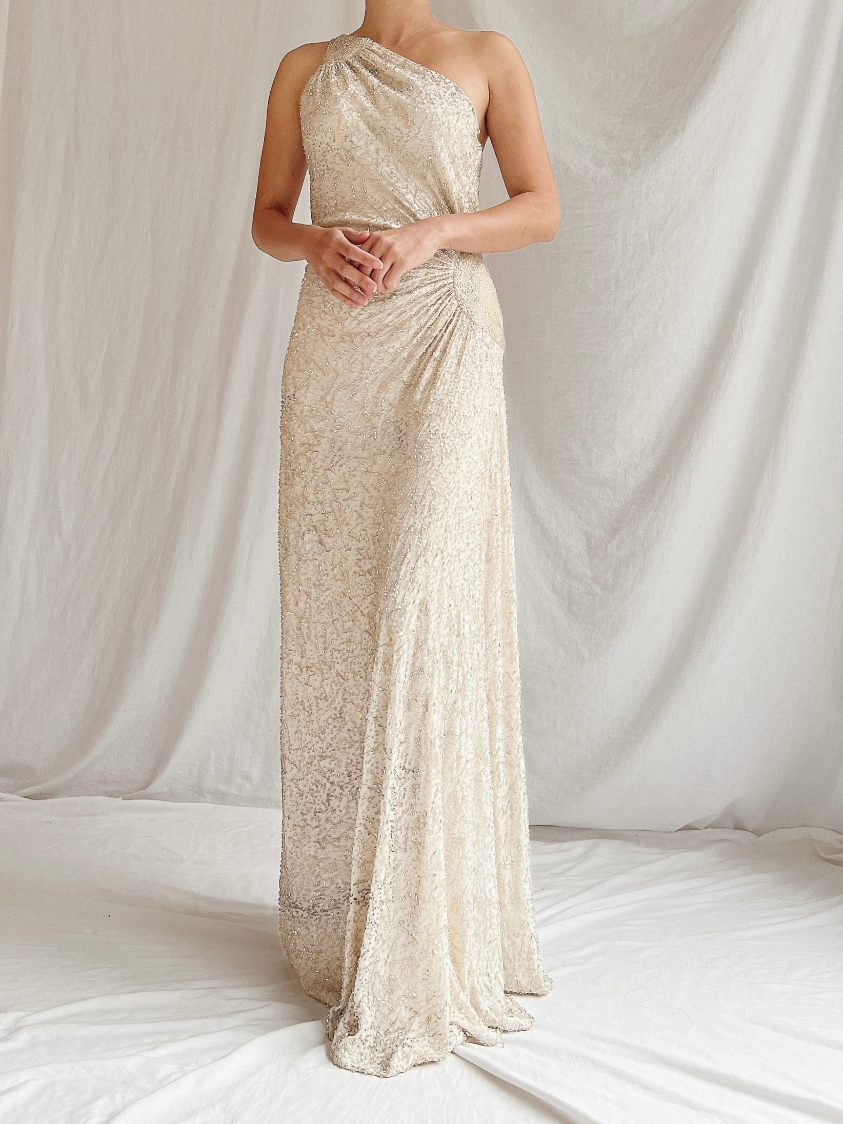 Vintage Silk One Shoulder Beaded Gown - M 6/8