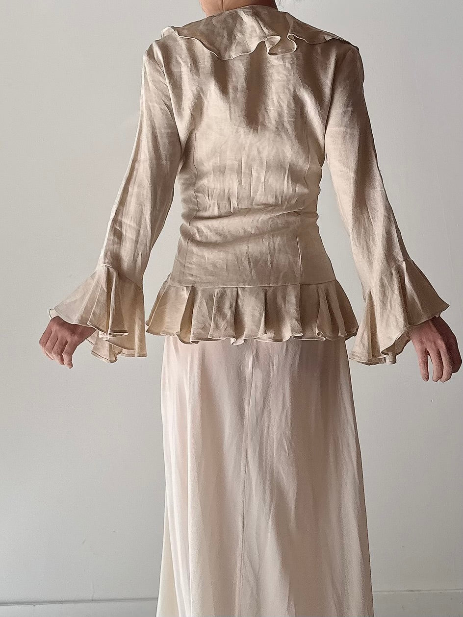 Vintage Cottonade Paris Beige Ruffle Top - FR38