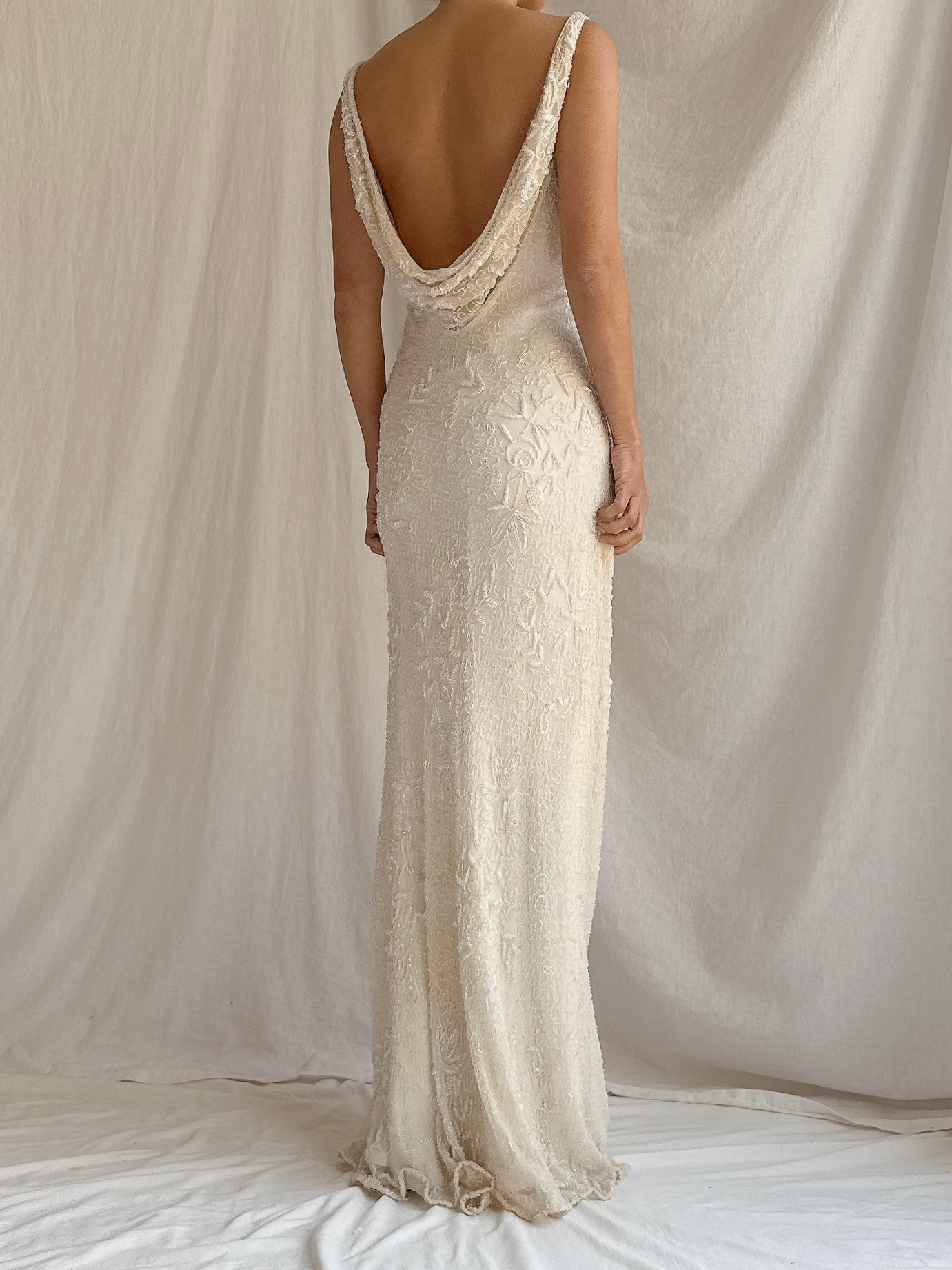 Vintage Ivory Silk Beaded Gown - S
