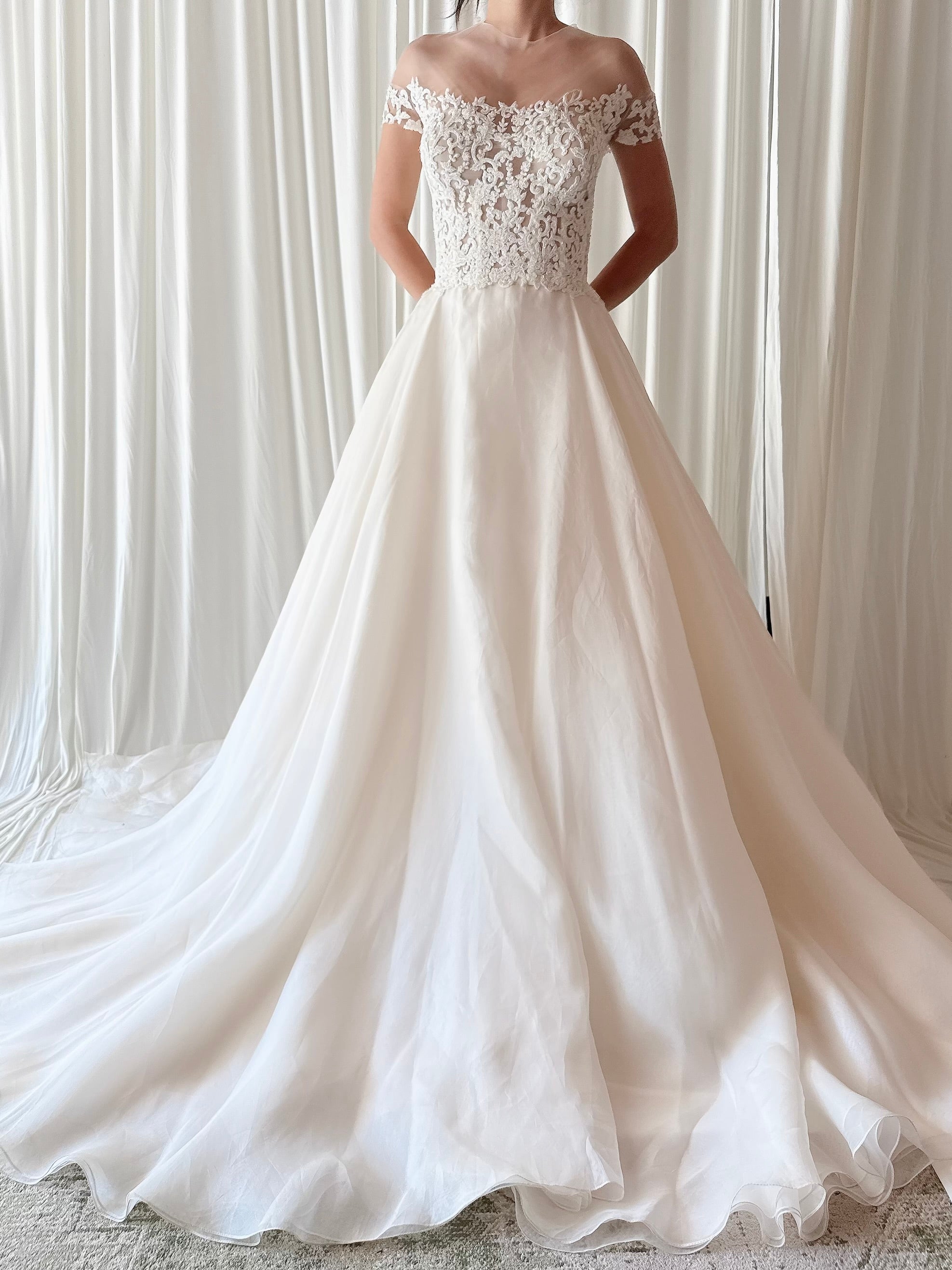 00 Reem Acra Silk Organza Illusion Lace Gown - M/6