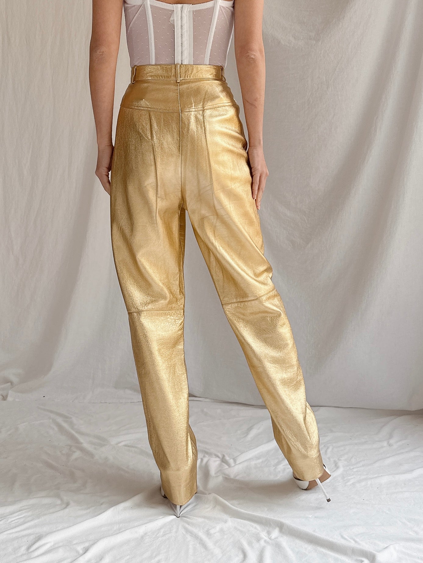 Vintage Salvatore Ferragamo Gold Leather Trousers - M