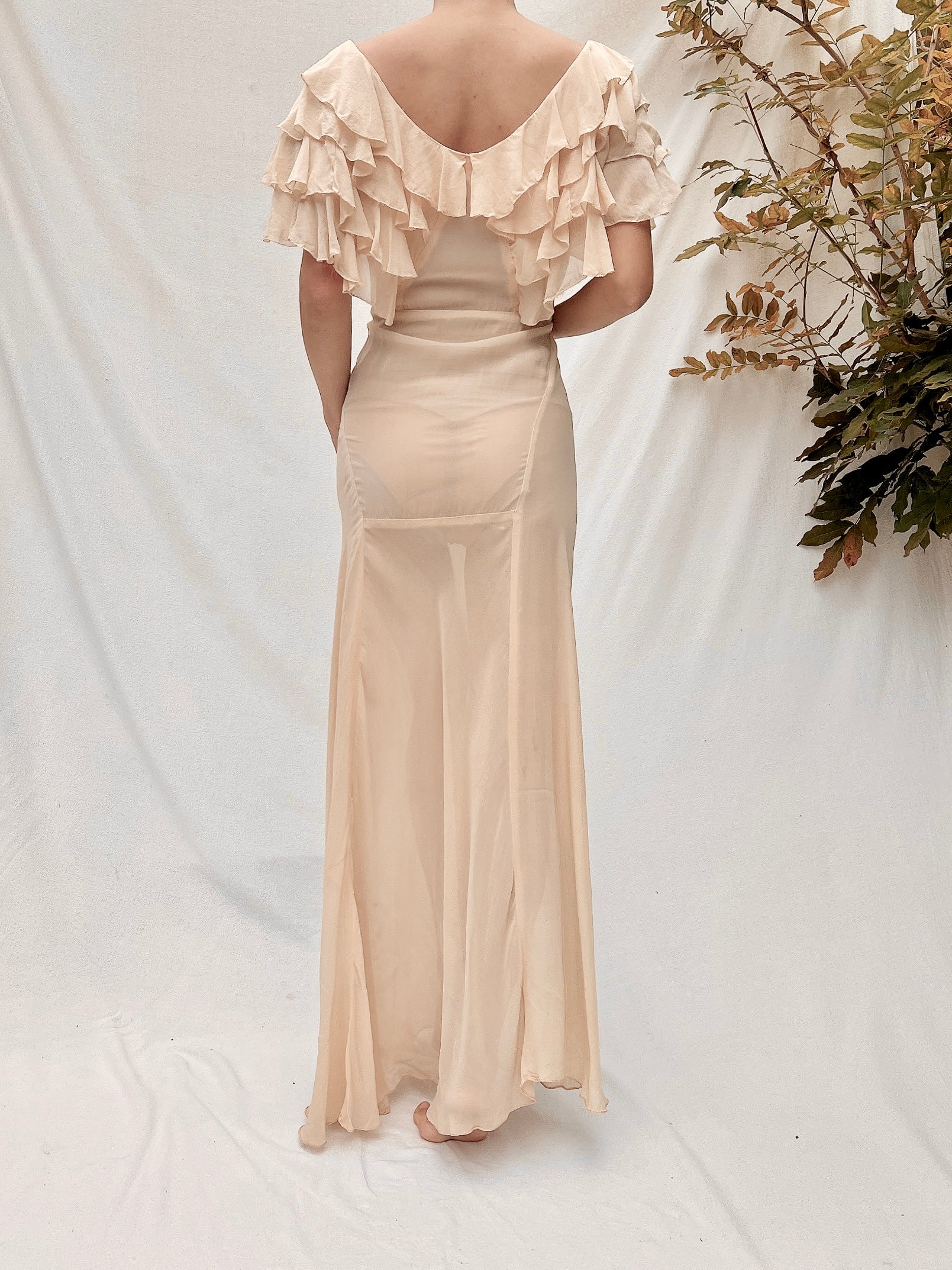 Vintage Eggshell Silk Ruffle Gown - S