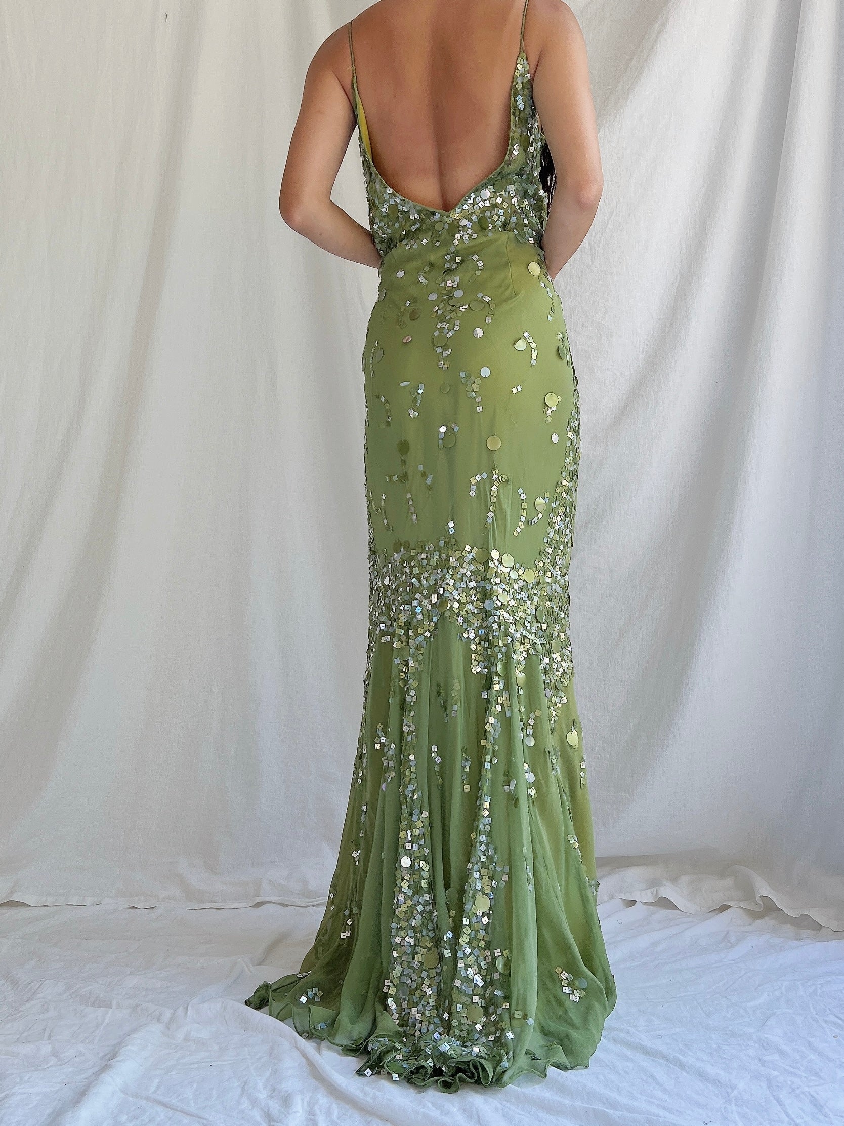 Vintage Green Bias Cut Silk Gown - S