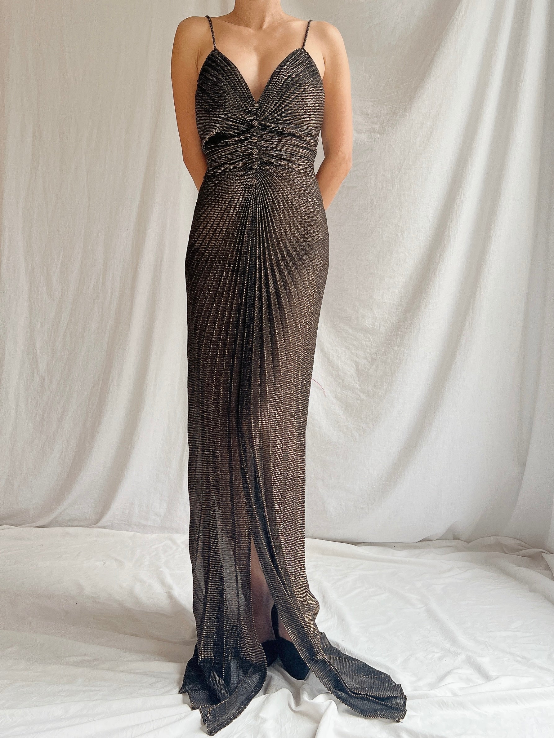 Vintage Bronze/Black Pleated Lurex Gown - S/M