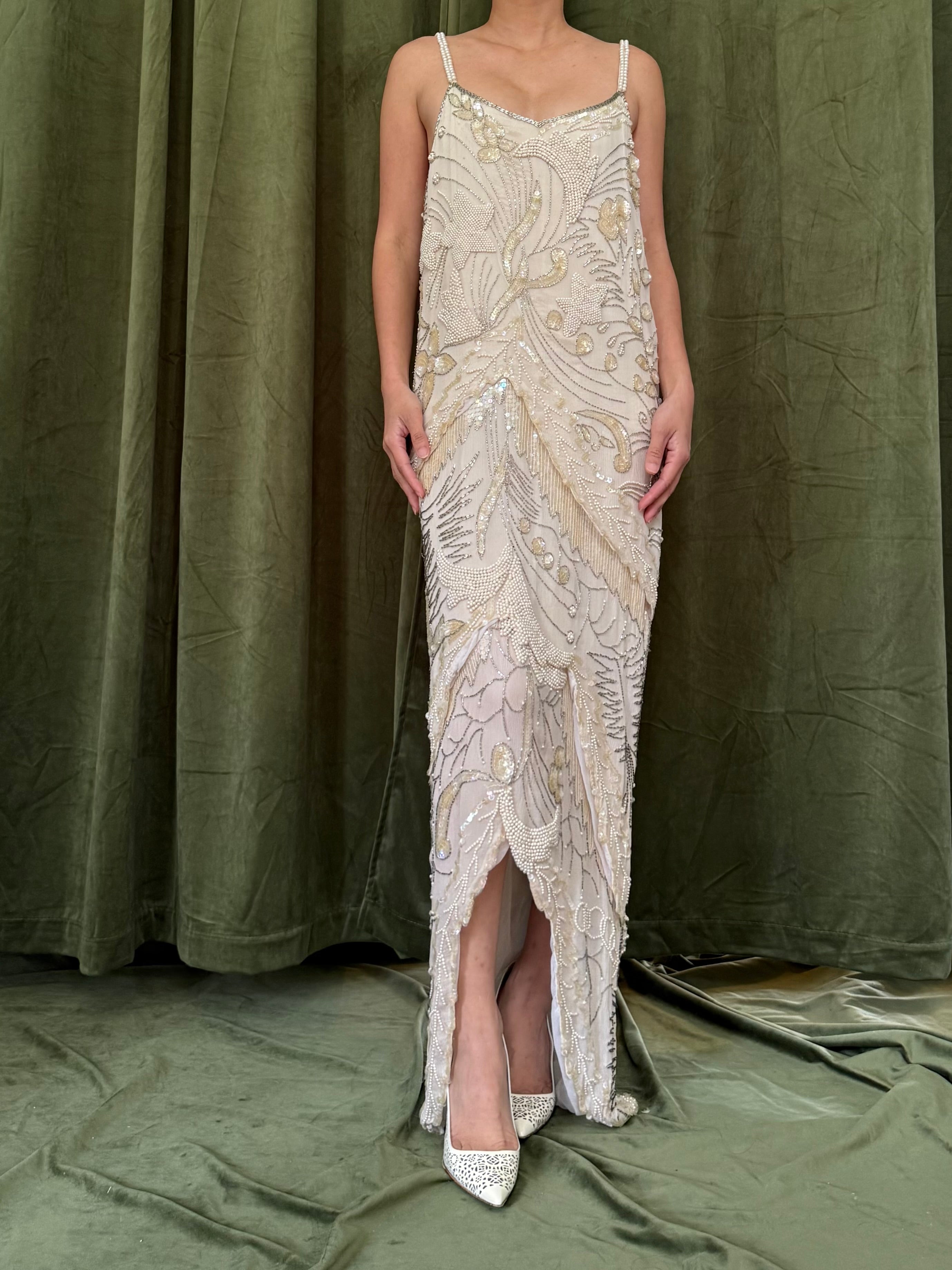 Vintage Silk Chiffon Beaded Gown - M