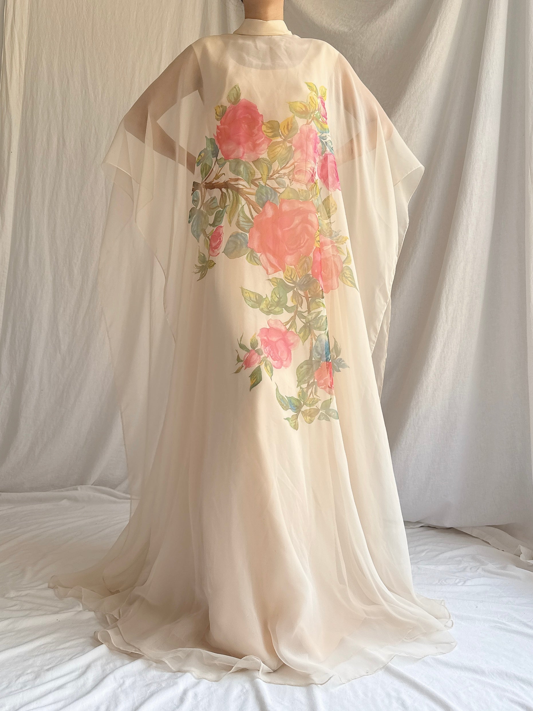 1960s Chiffon Rose Cape Dress - M