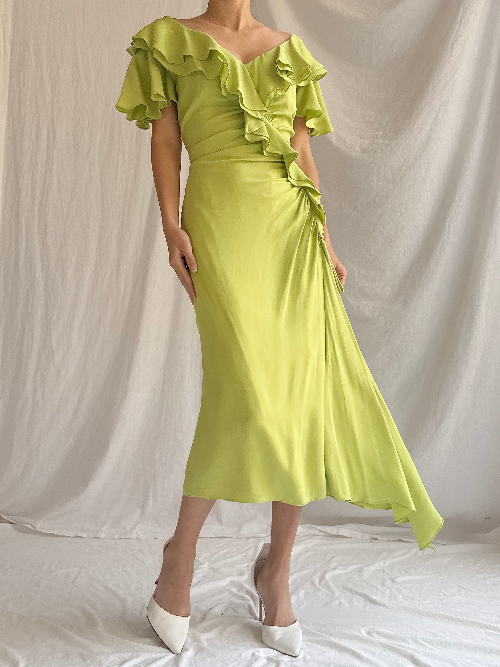 Vintage Chartreuse Belleville Sassoon  Silk Draped Dress - S