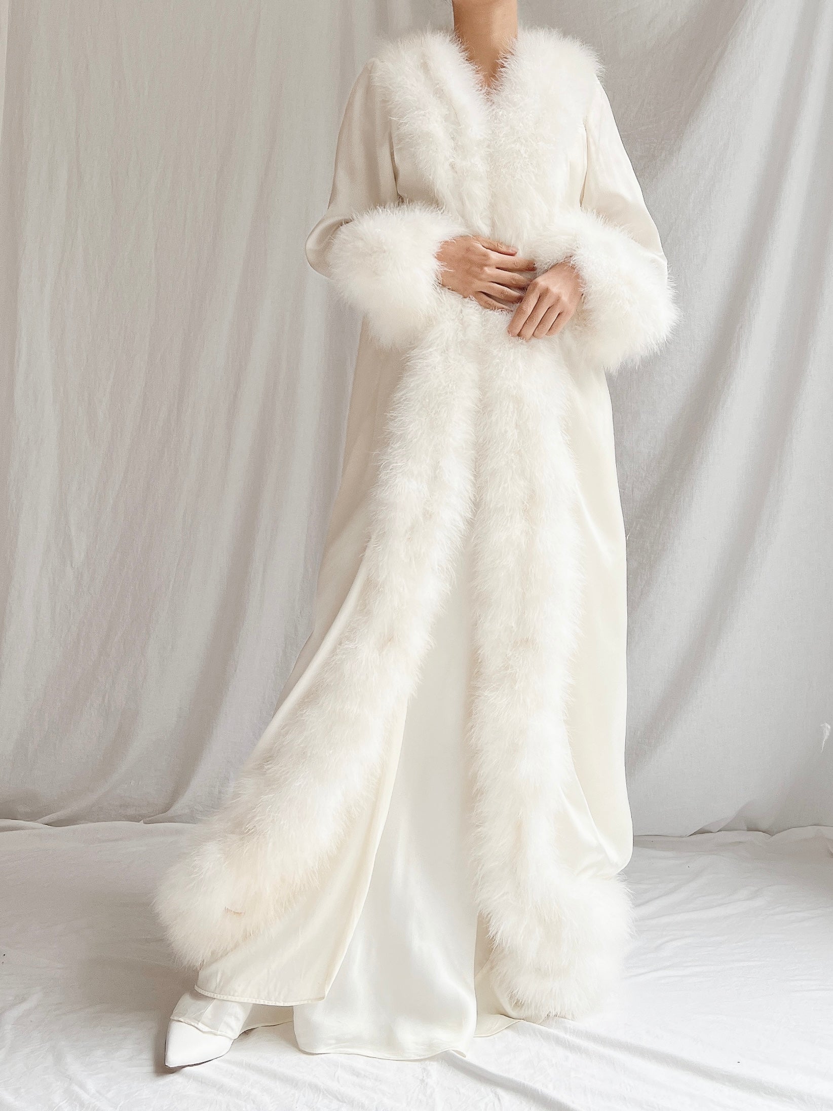 Vintage Claire Sandra Satin Marabou Dressing Gown - OSFM