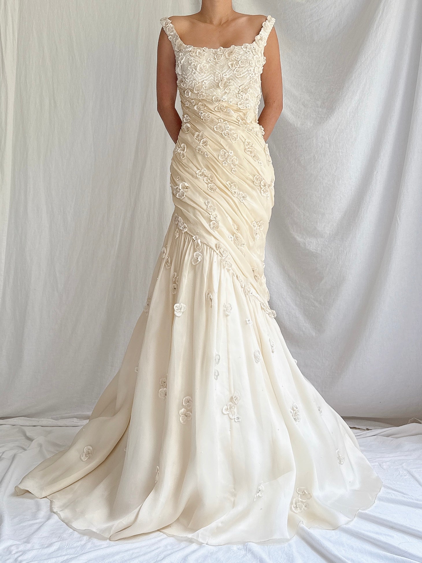 Vintage YSA Makino Silk Organza Gown with Appliqués - M