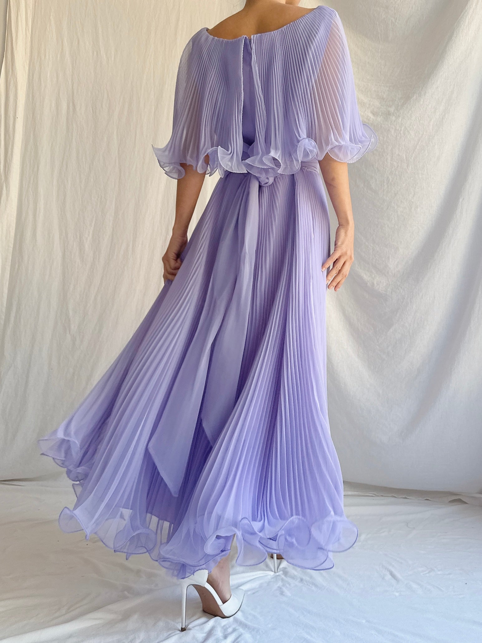 Vintage Pleated Chiffon Midi Dress - M