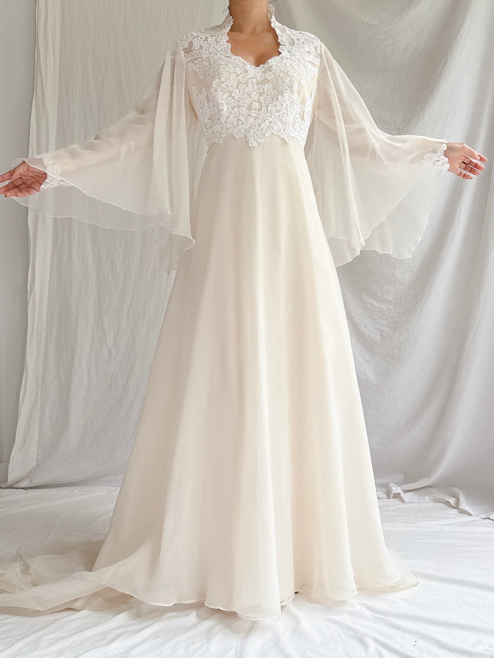 1970s Angel Sleeves Chiffon Gown - S