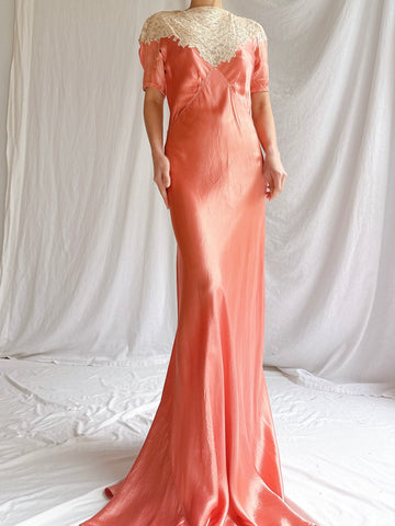 1930s Coral Satin Dress - XS/S