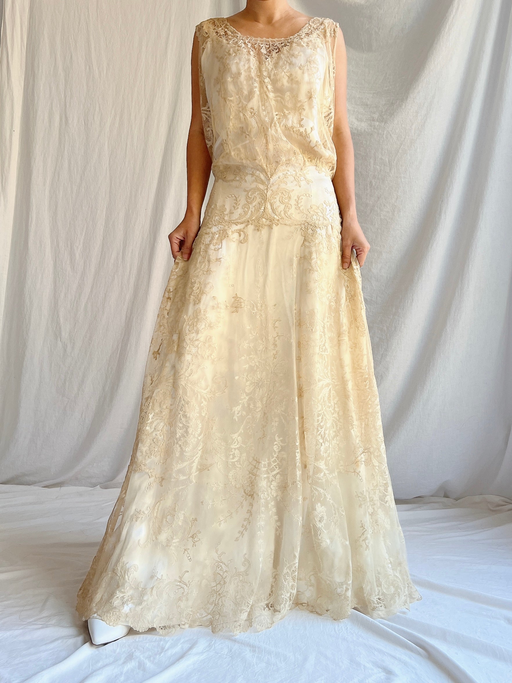 1930s Ecru Lace Gown with Slip - M