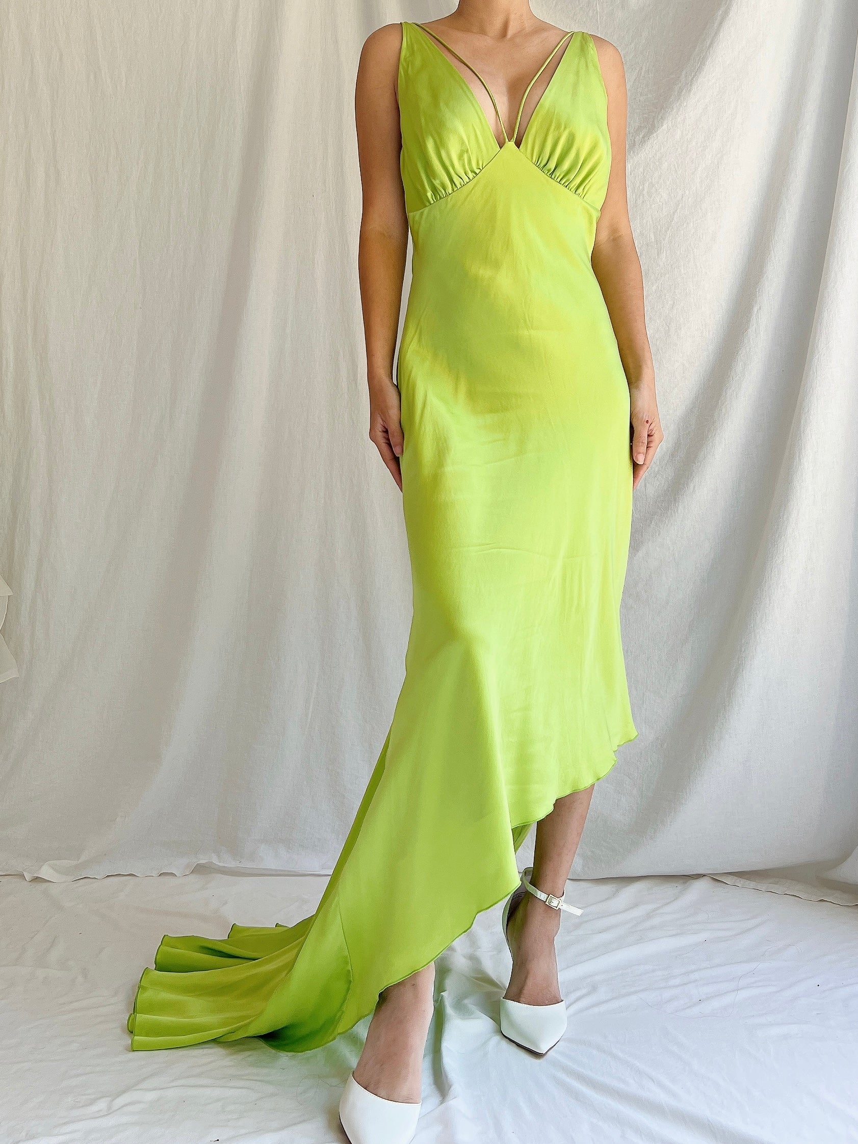 1990s Silk Chartreuse Asymmetrical Hem Gown - S