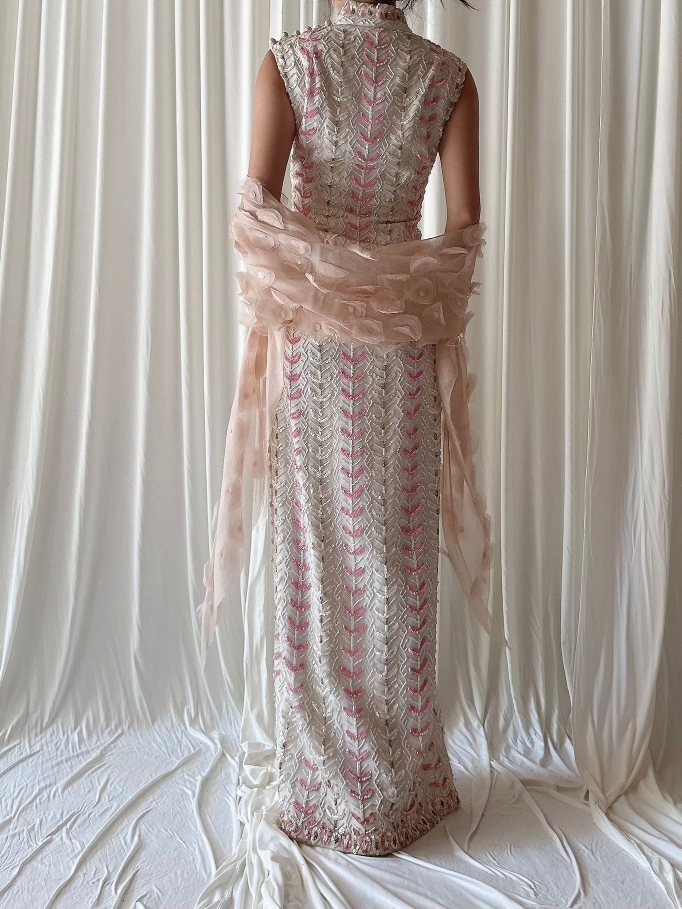 1960s Cheongsam Silk Organza Beaded Gown - M
