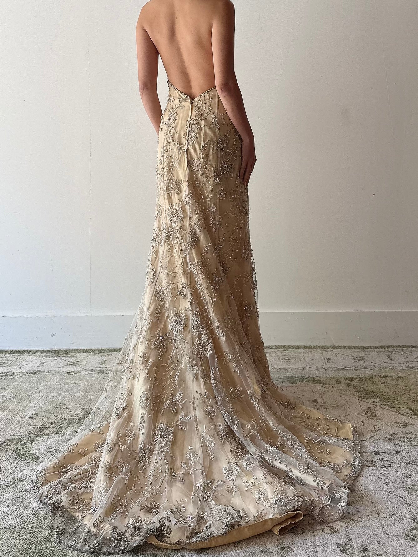Vintage Gold Beaded Lace Halter Dress - Size 10