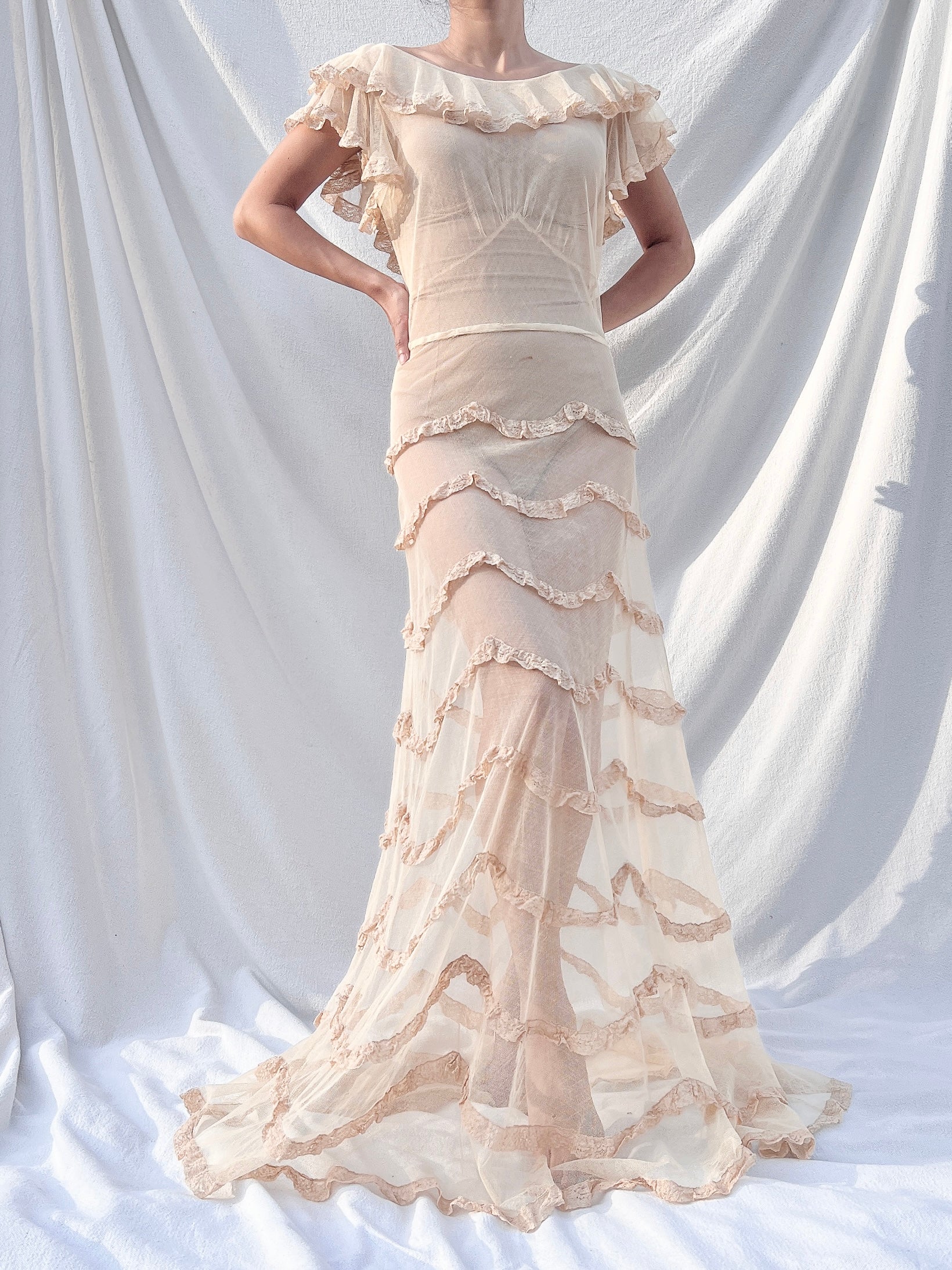 1930s Reversible Peach Ribbon Gown - XS