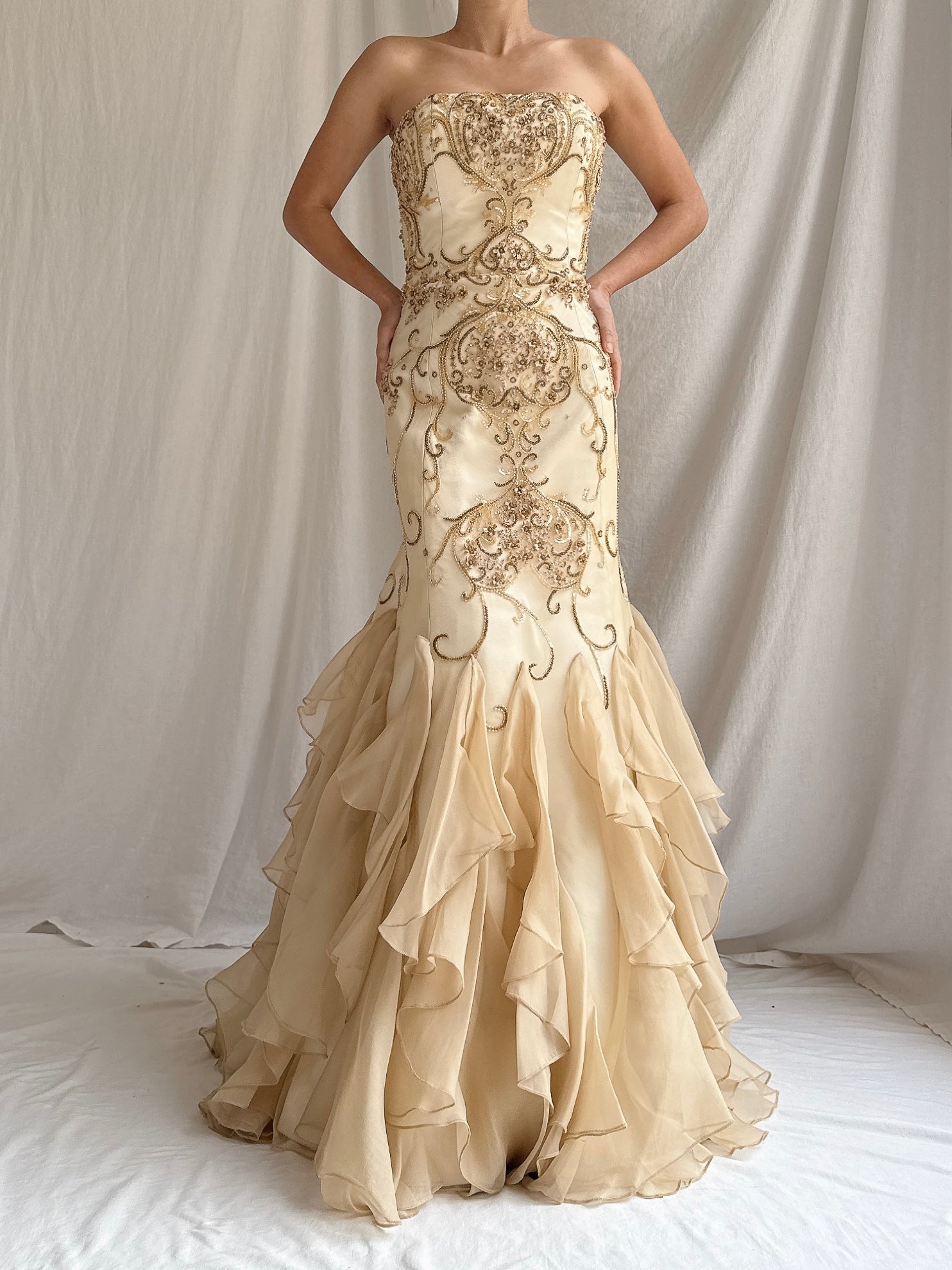 Vintage Silk Organza Beaded Dress - L