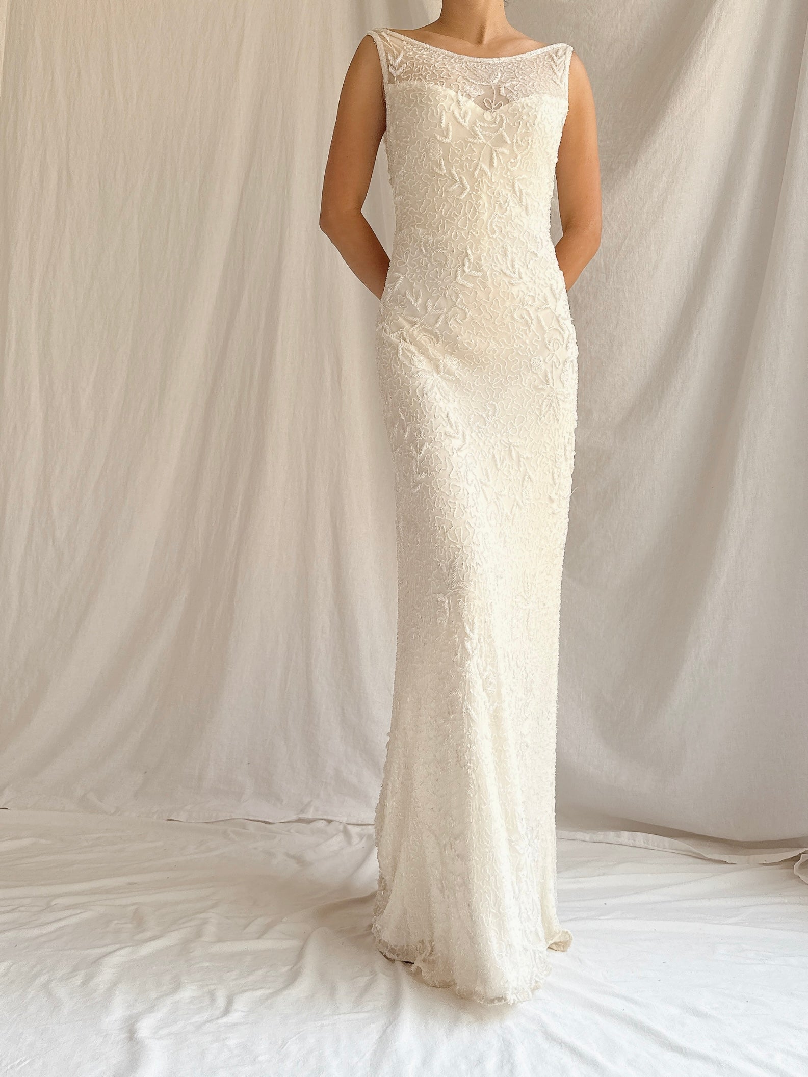 Vintage Ivory Silk Beaded Gown - S