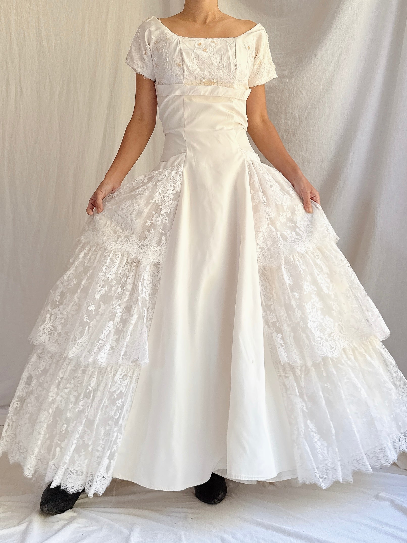 1950s Tafetta and Lace Dress - S