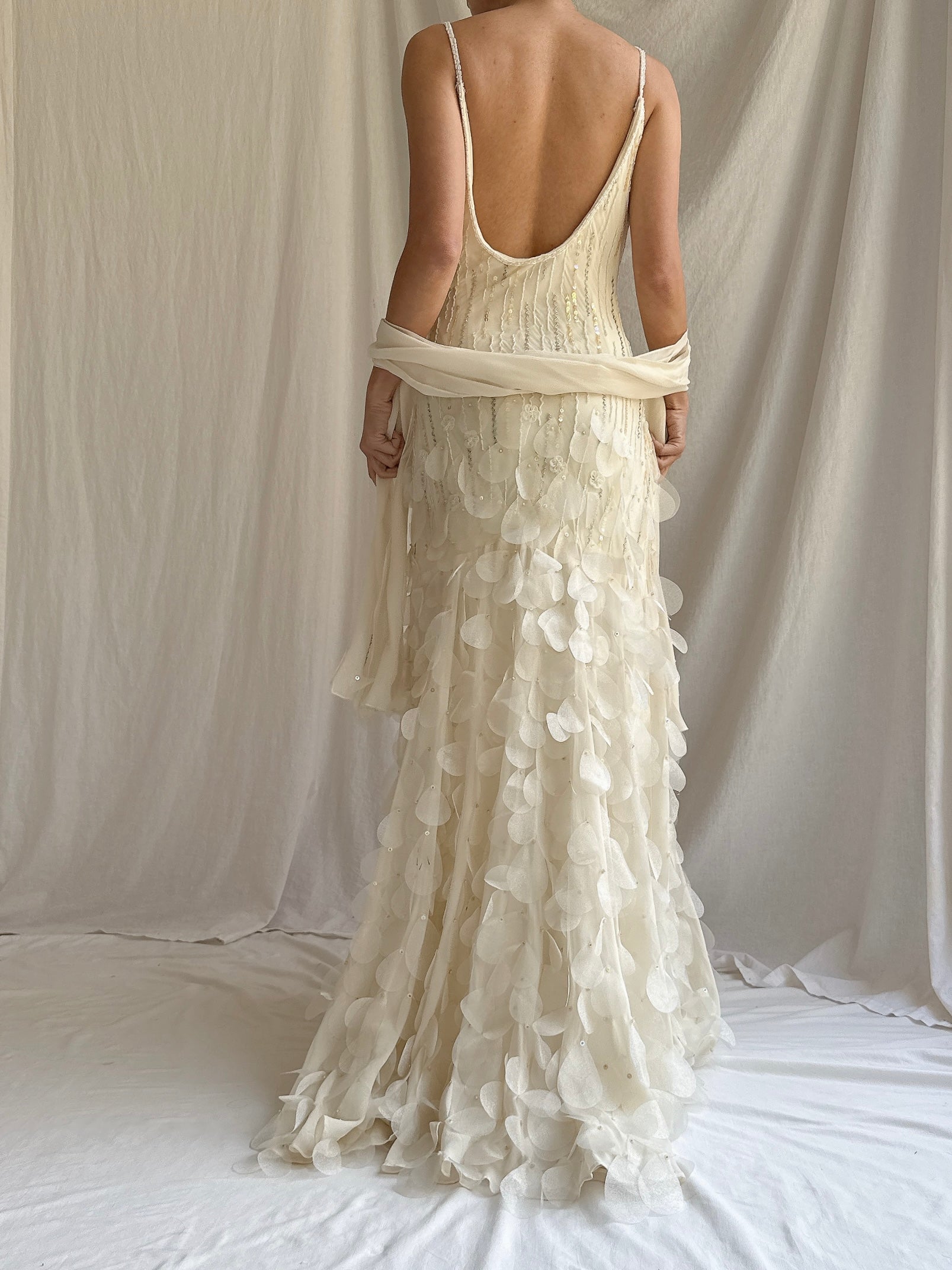 Vintage Ivory Silk Chiffon Gown with Shawl - S/M