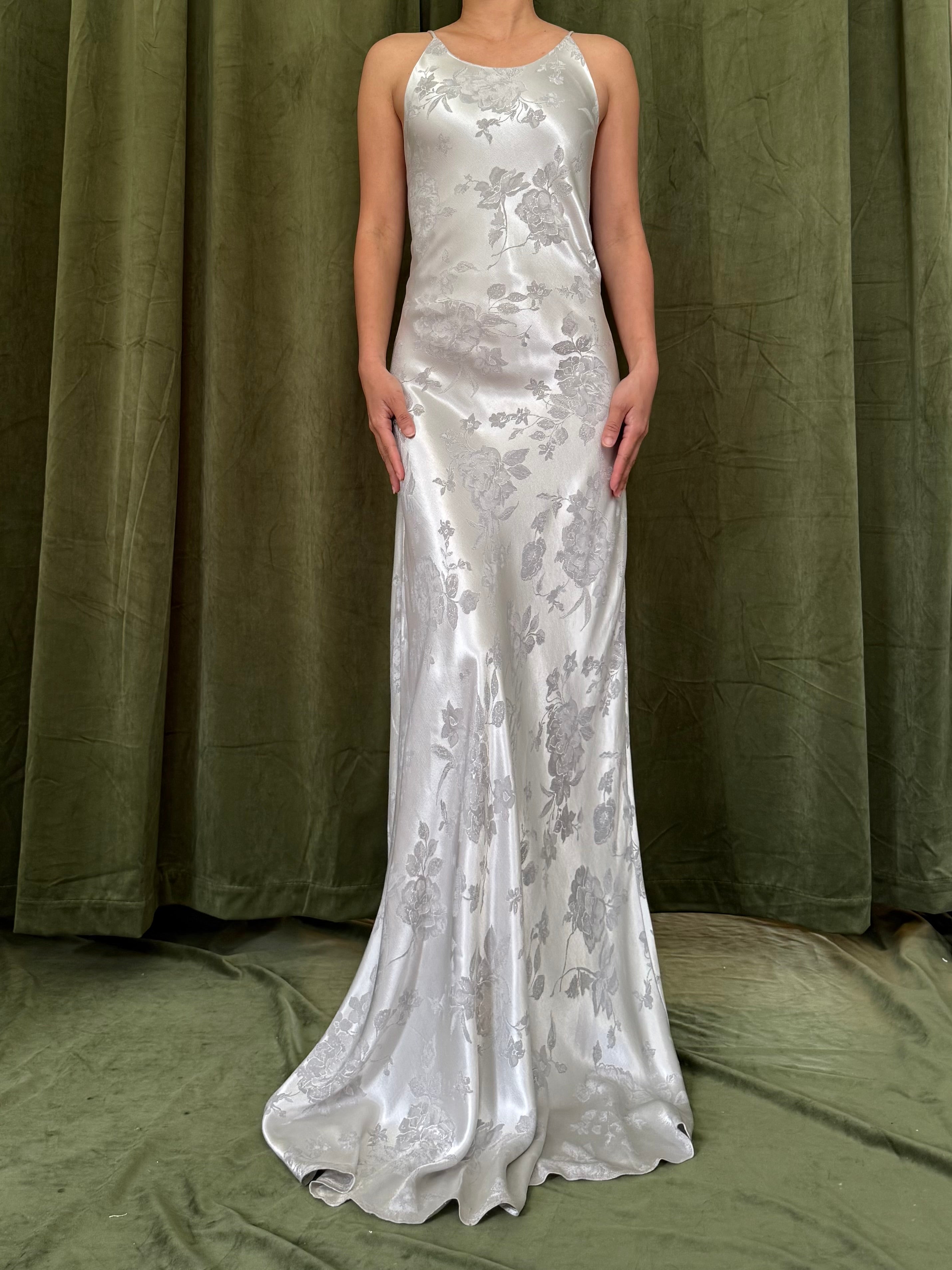 1990s Gray Satin Brocade Slip Gown - M
